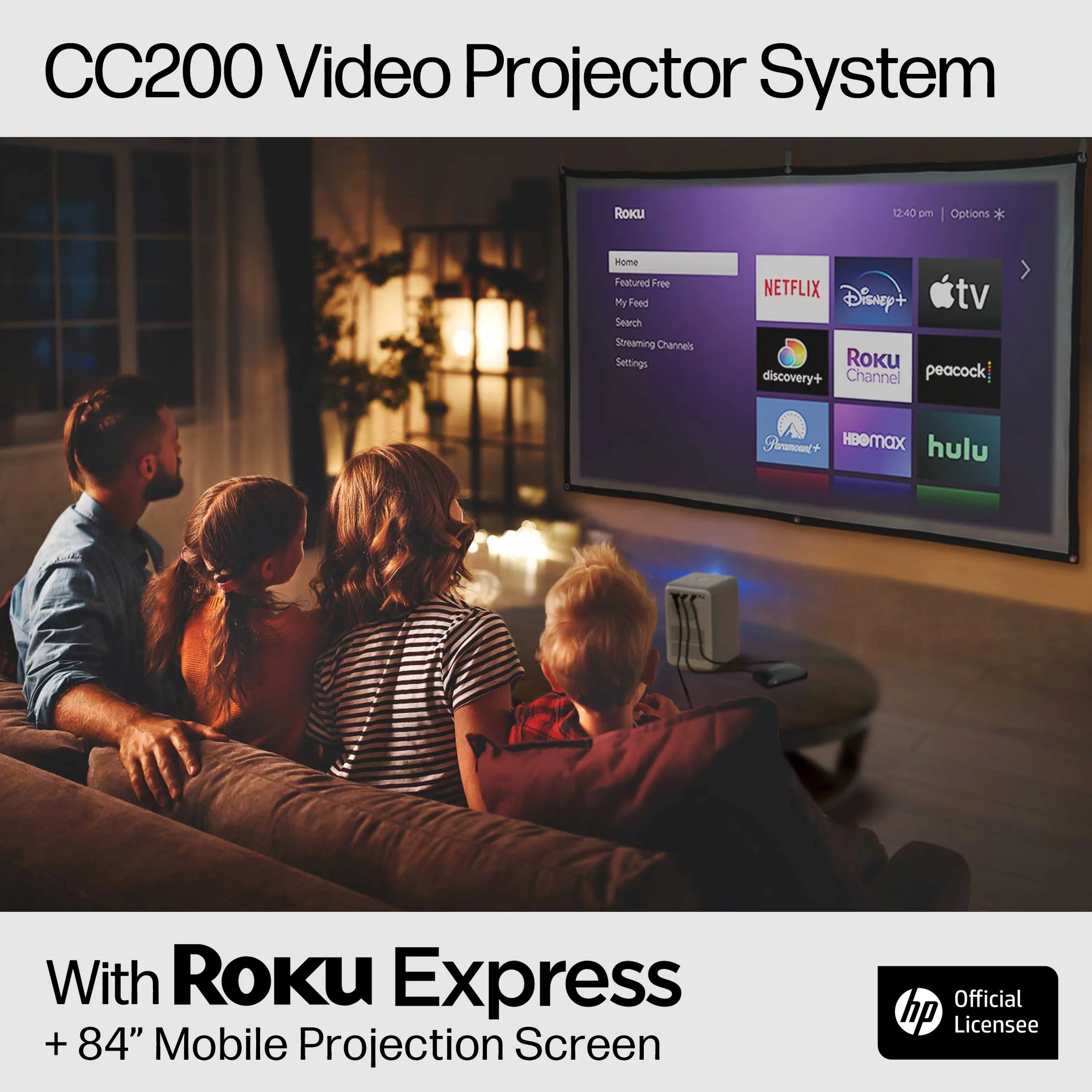 HP CC200 FHD LCD LED Projector with Roku Express Streaming Player and 84″ Mobile Projection Screen