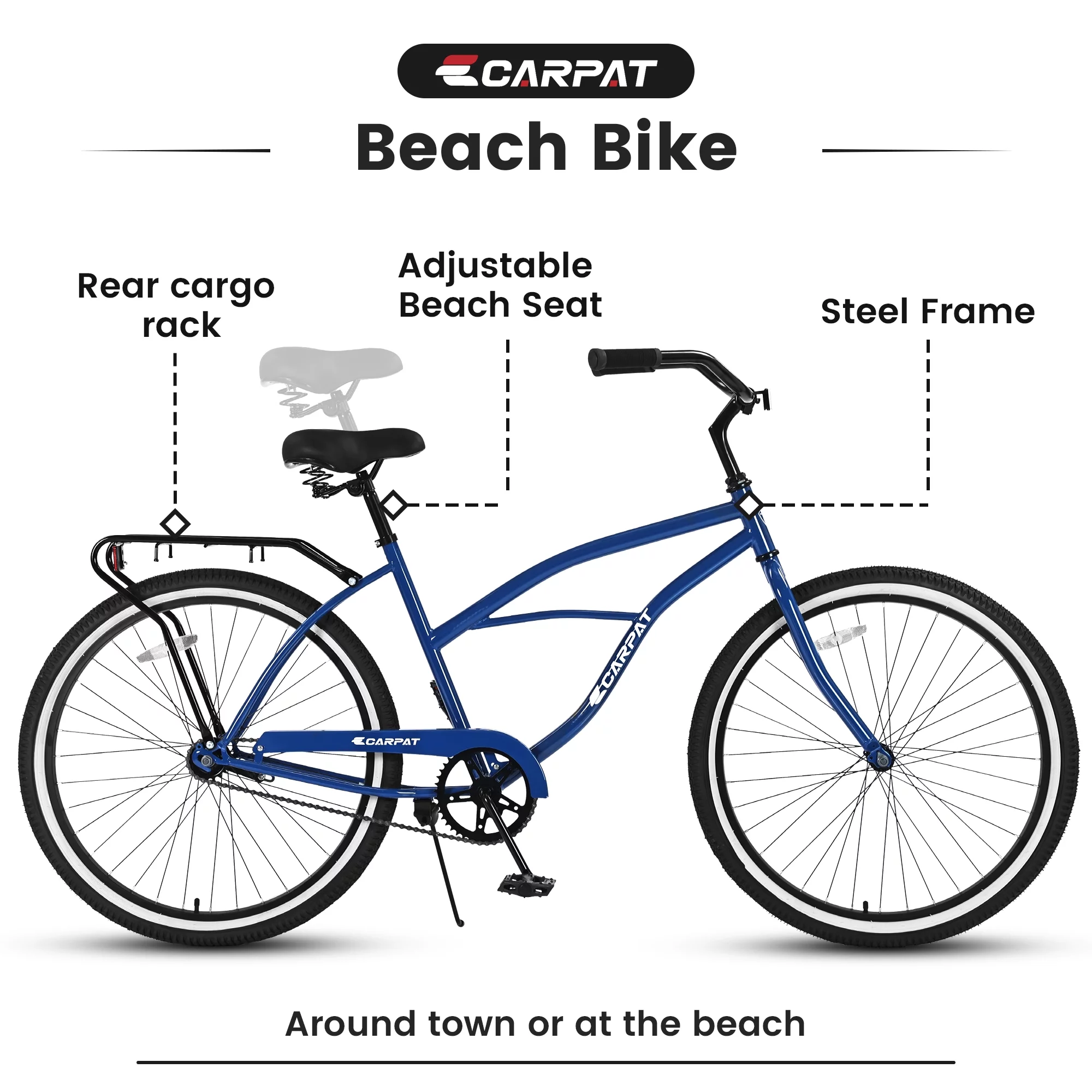 LONGGLE 26 inch Mens Womens Cruiser Bike, Adult Beach Cruiser Bikes for Men Women, Blue