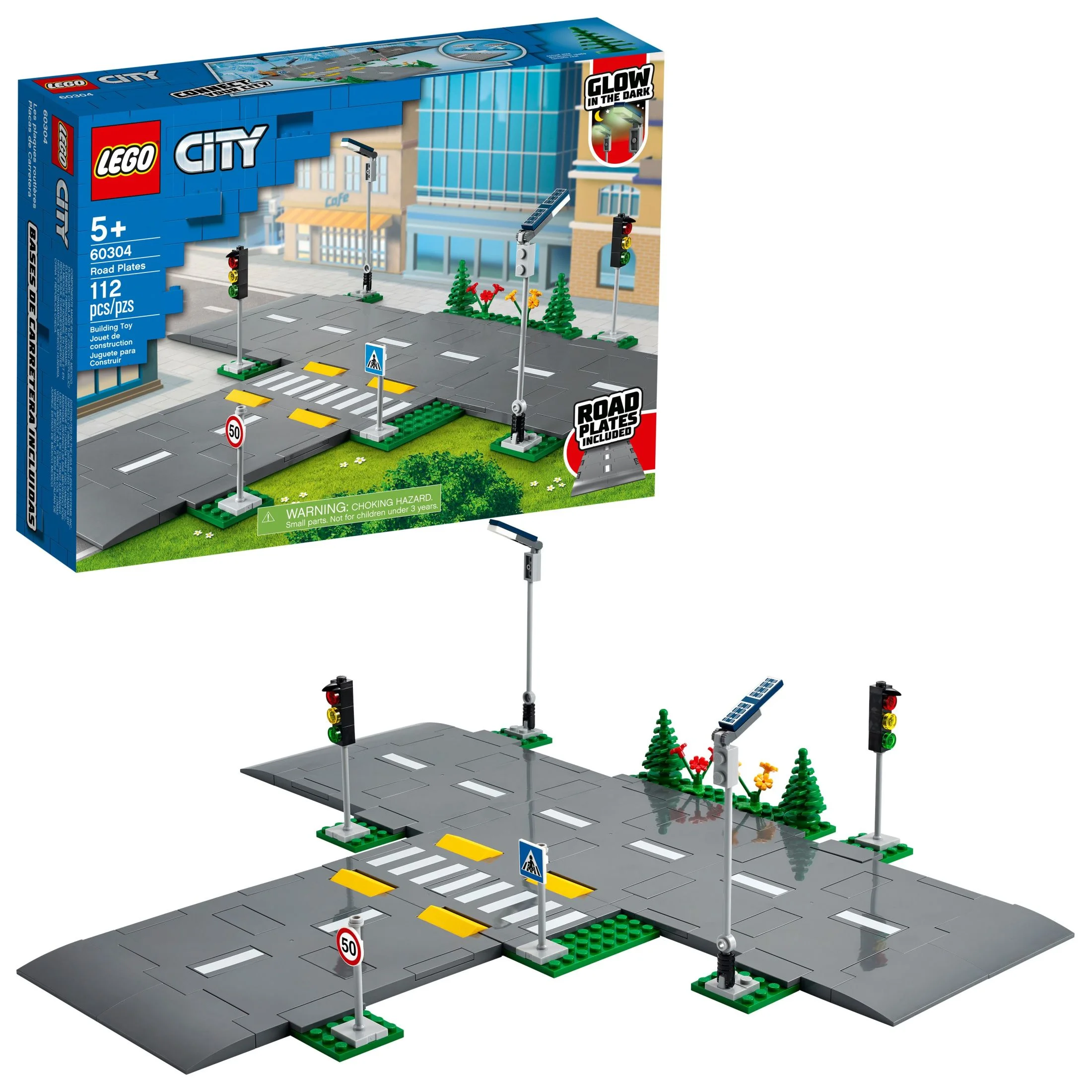 LEGO City Road Plates Building Toy Set, 60304 with Traffic Lights, Trees & Glow in the Dark Bricks, Gifts for 5 Plus Year Old Kids, Boys & Girls