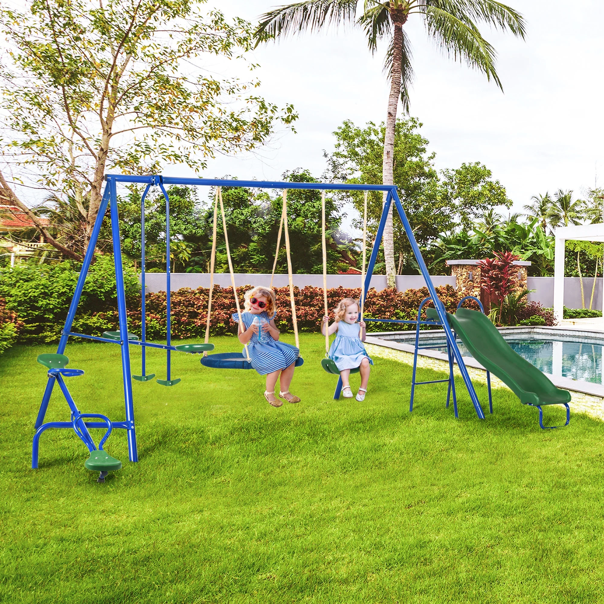 Outsunny Kids Metal Swing Set for Backyard