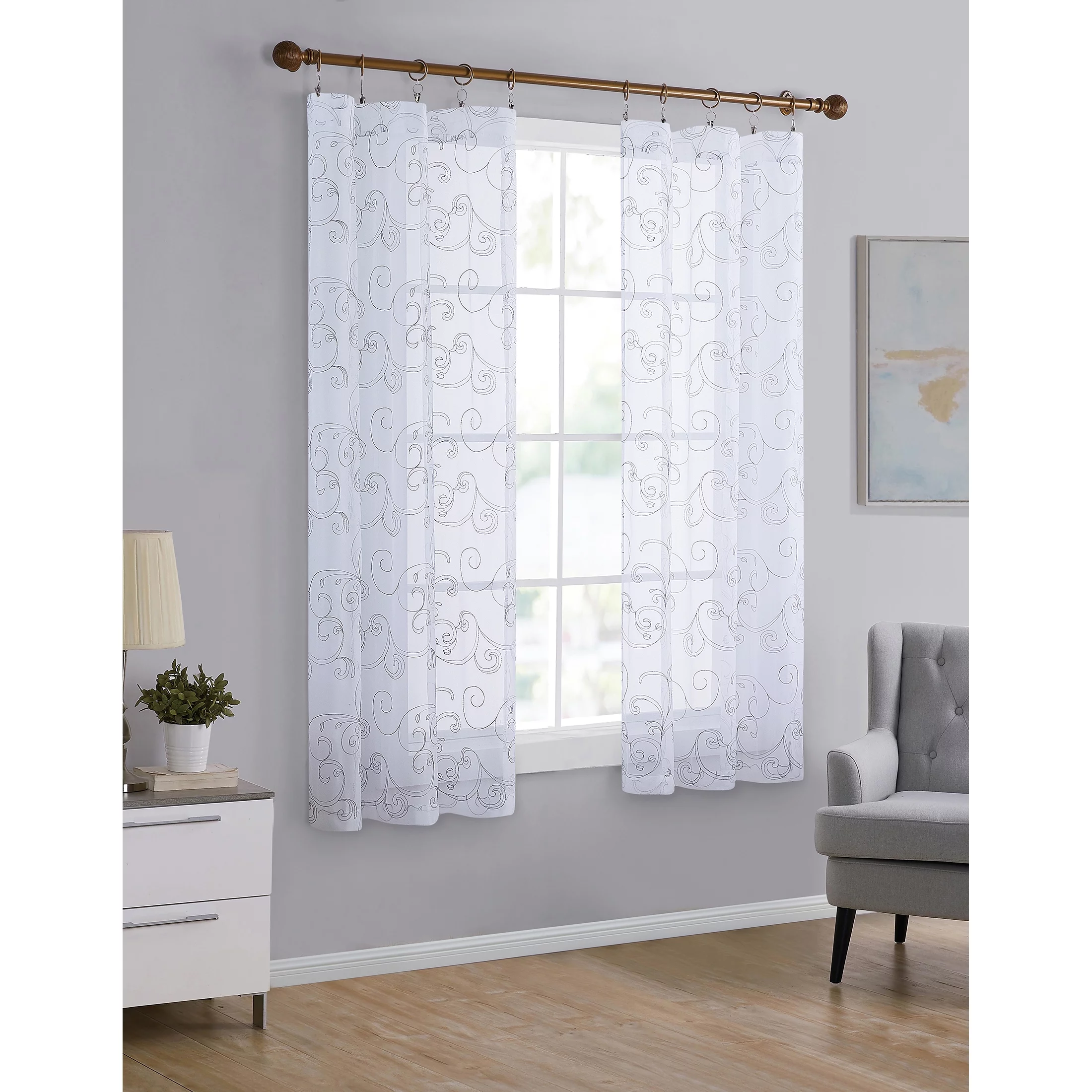 Mainstays Embroidered Scroll Rod Pocket Sheer Curtain Panel, White/White, 38″ x 84″