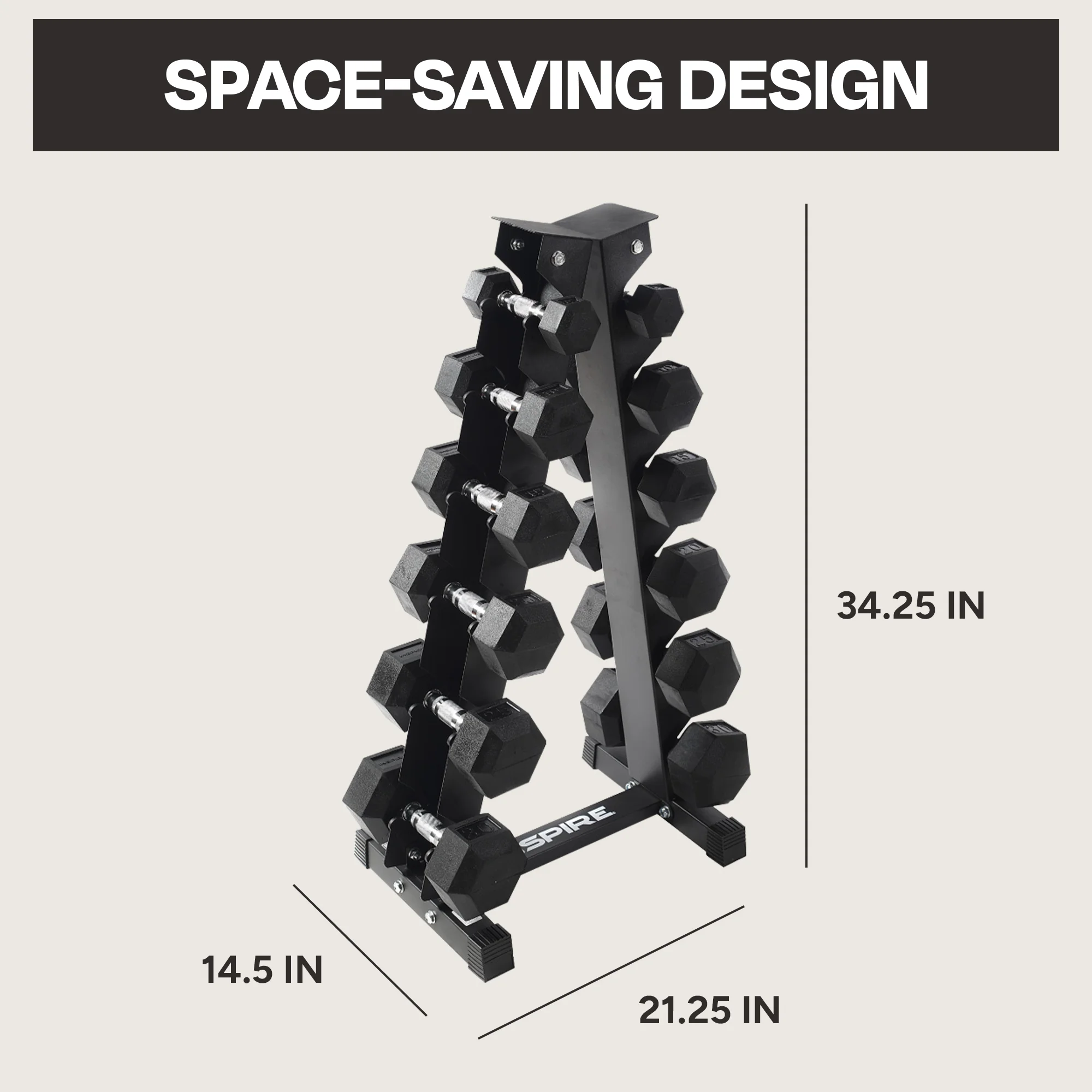 Inspire Fitness Heavy-Duty Rubber Dumbbell Weight Set with Rack, 210 lbs (5-30 lbs)