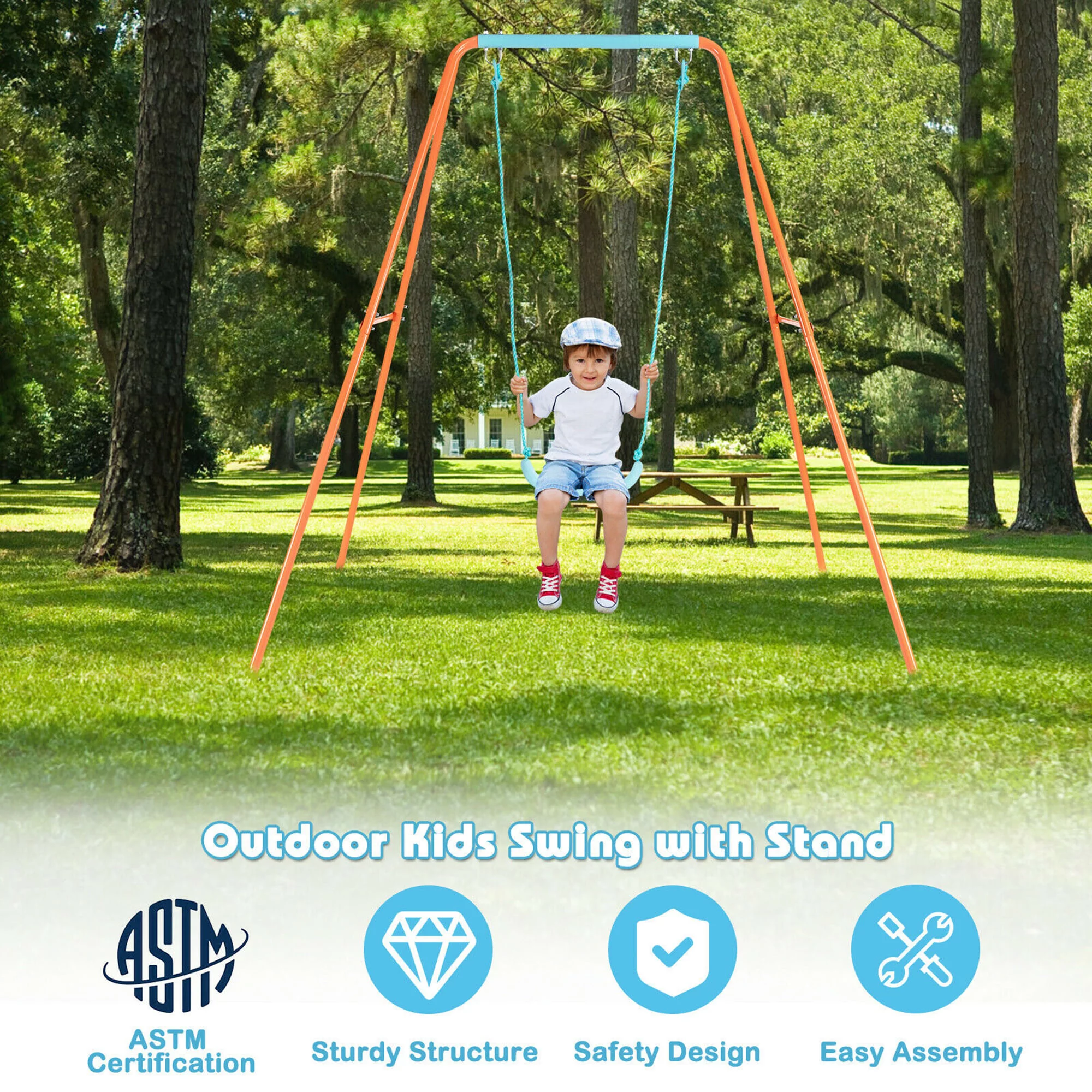 Gymax Outdoor Kids Swing Set Heavy Duty Metal A-Frame w/Ground Stakes Orange