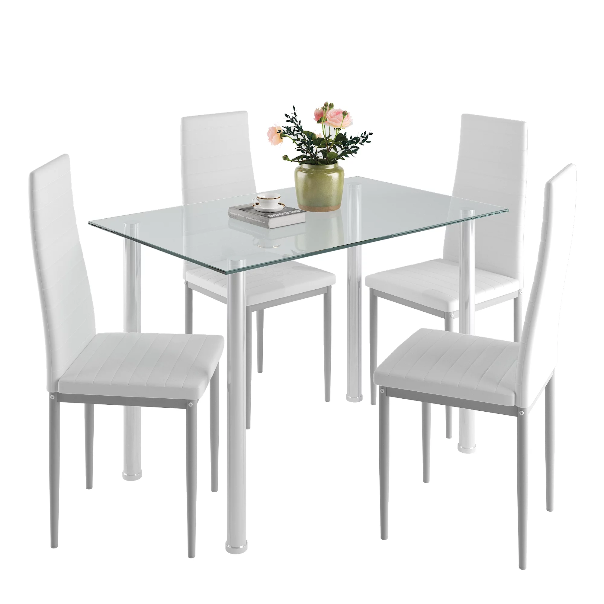 uhomepro White Kitchen Table Set, 5 Pieces Dining Table Set, Tempered Glass Dining Table and Chairs Set for 4, Upgraded Iron Dining Room Table Set with 4 PU Leather Chairs