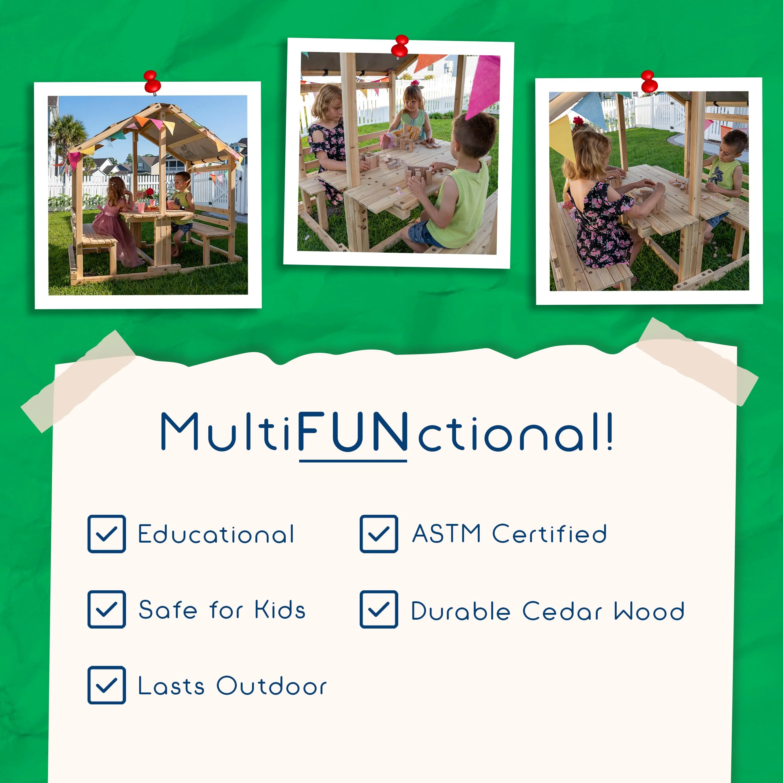 Outdoor Playhouse – Funphix Kids Klubhouse Wooden Playhouse with Table & Benches – Multifunctional Toy for Fun Play & Learning – Durable & Easy to Assemble Backyard Playground Set