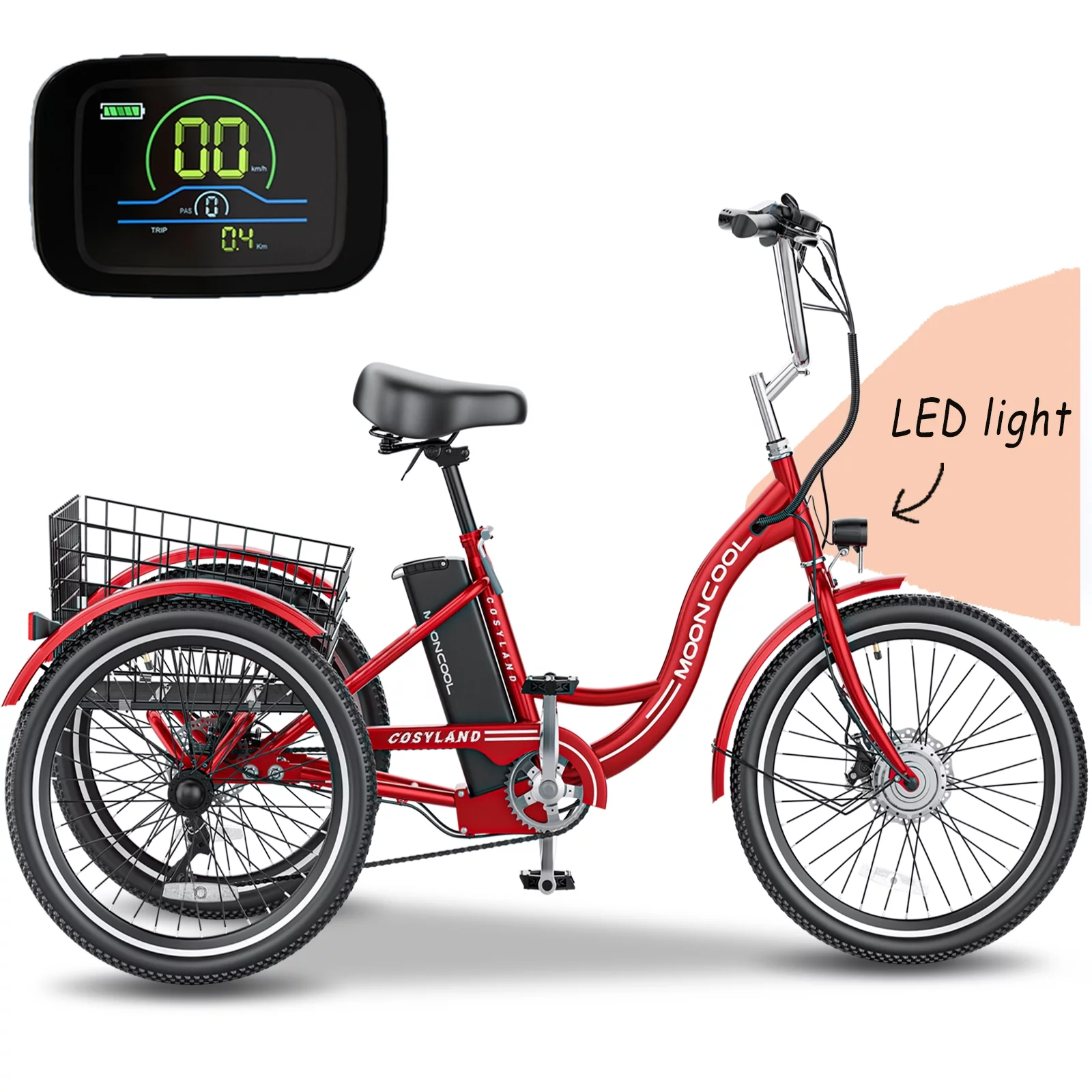 Lilypelle Adult Electric Tricycles,3 Wheel Electric Bike,15.5 Mph Electric Trikes for Seniors,7-Speed & 4 Adjustable Riding Modes Electric Tricycle With Removable Lithium Battery