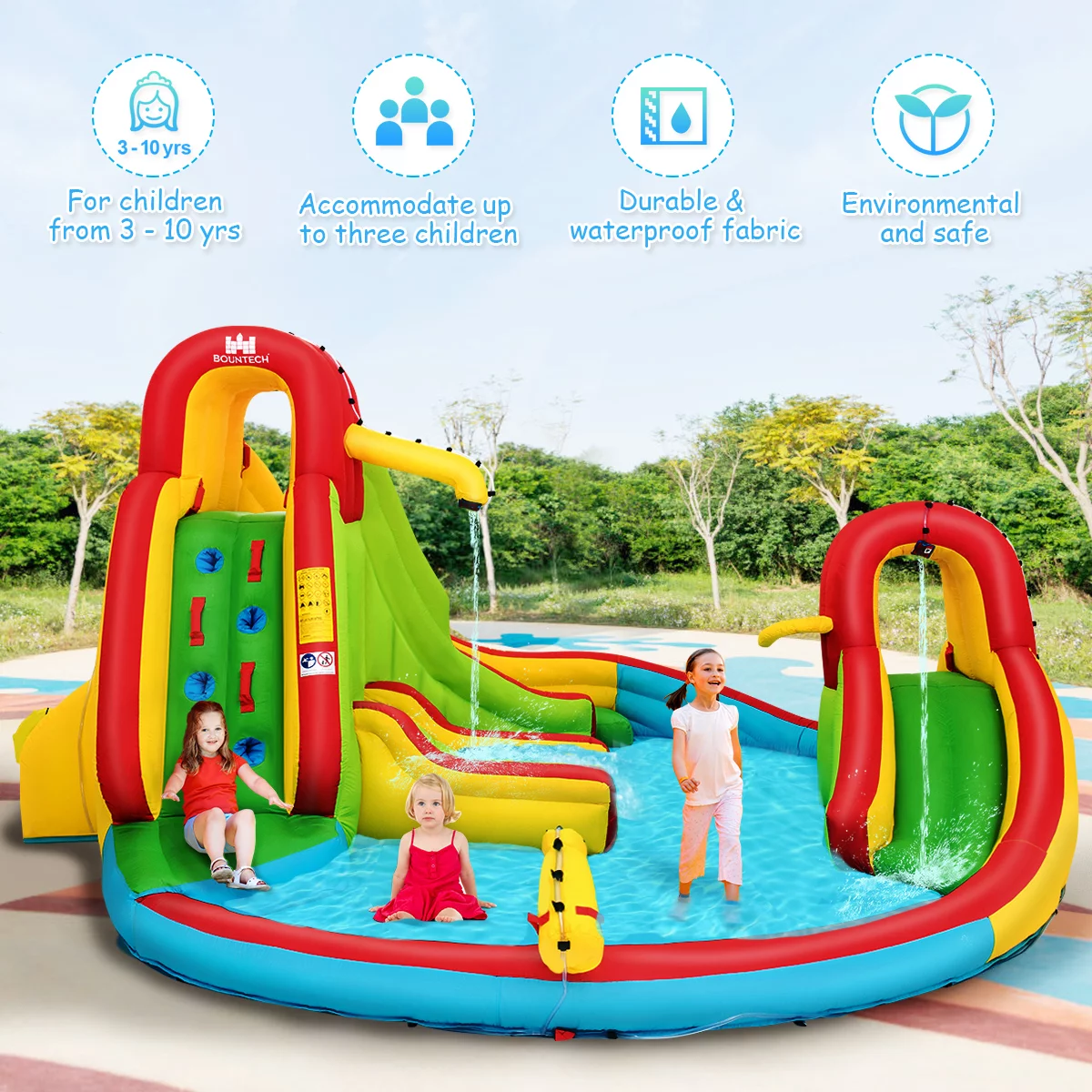 Inflatable Kids Water Slide Park with Climbing Wall Water Cannon and Splash Pool