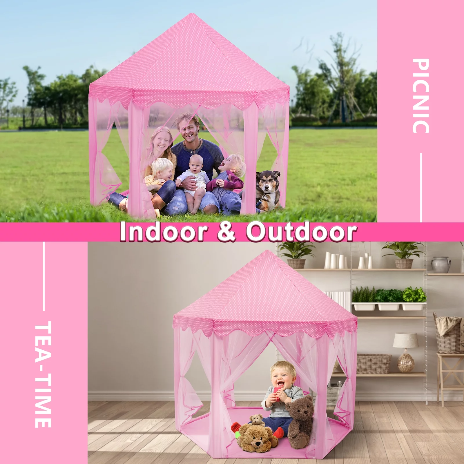 AOKESI Princess Castle Playhouse Tent for Girls, Outdoor Kids Play Tent with Fairy Star Lights, Large Princess Fairy Castle Pretend Play, Pink Tent Birthday Play Tent Toy Gifts for Kids