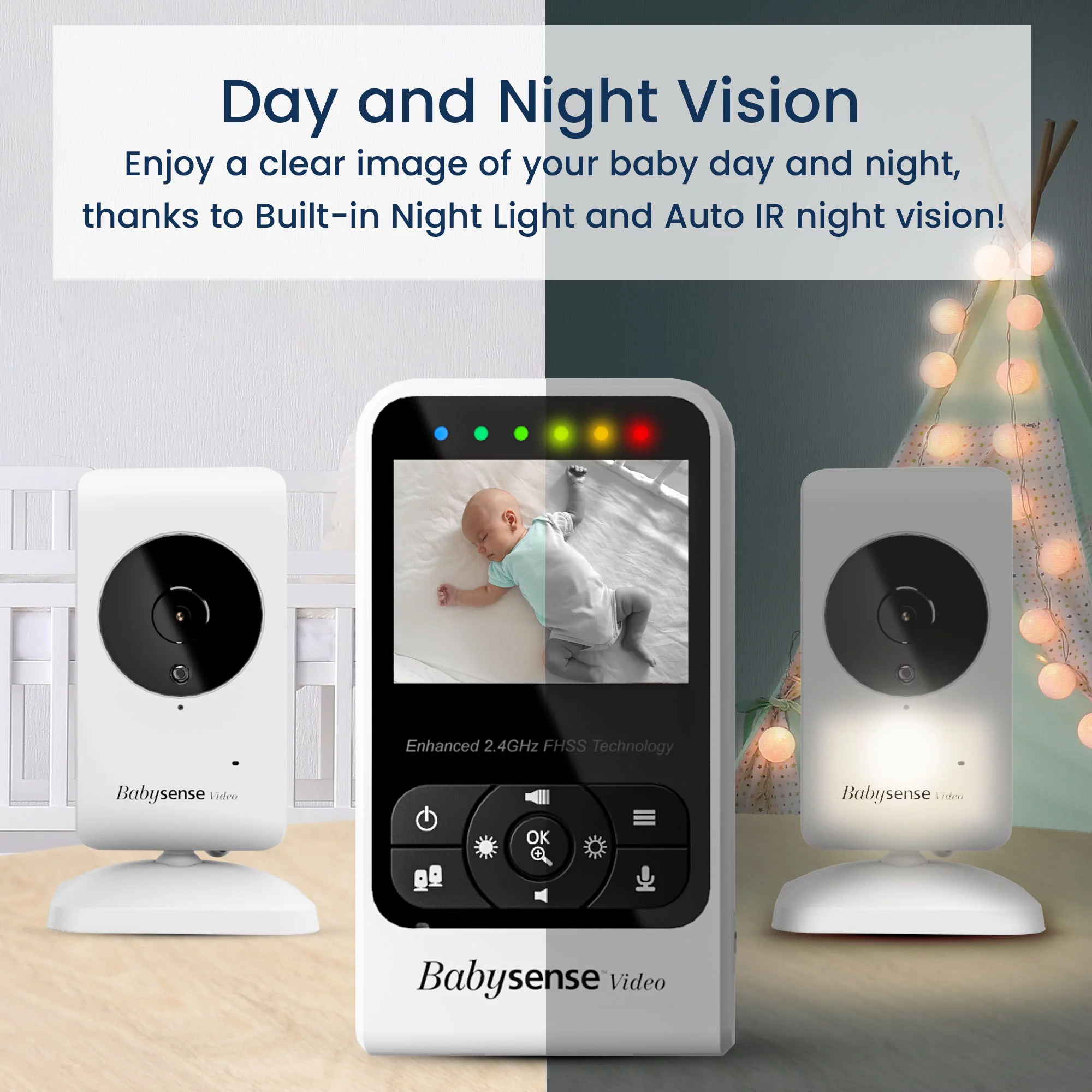 Babysense Video Baby Monitor with Two Cameras, Room Temperature, Night Vision & Built-In Night Light, Two Way Talk, Lullabies, White Noise, Model V24R-2CAM