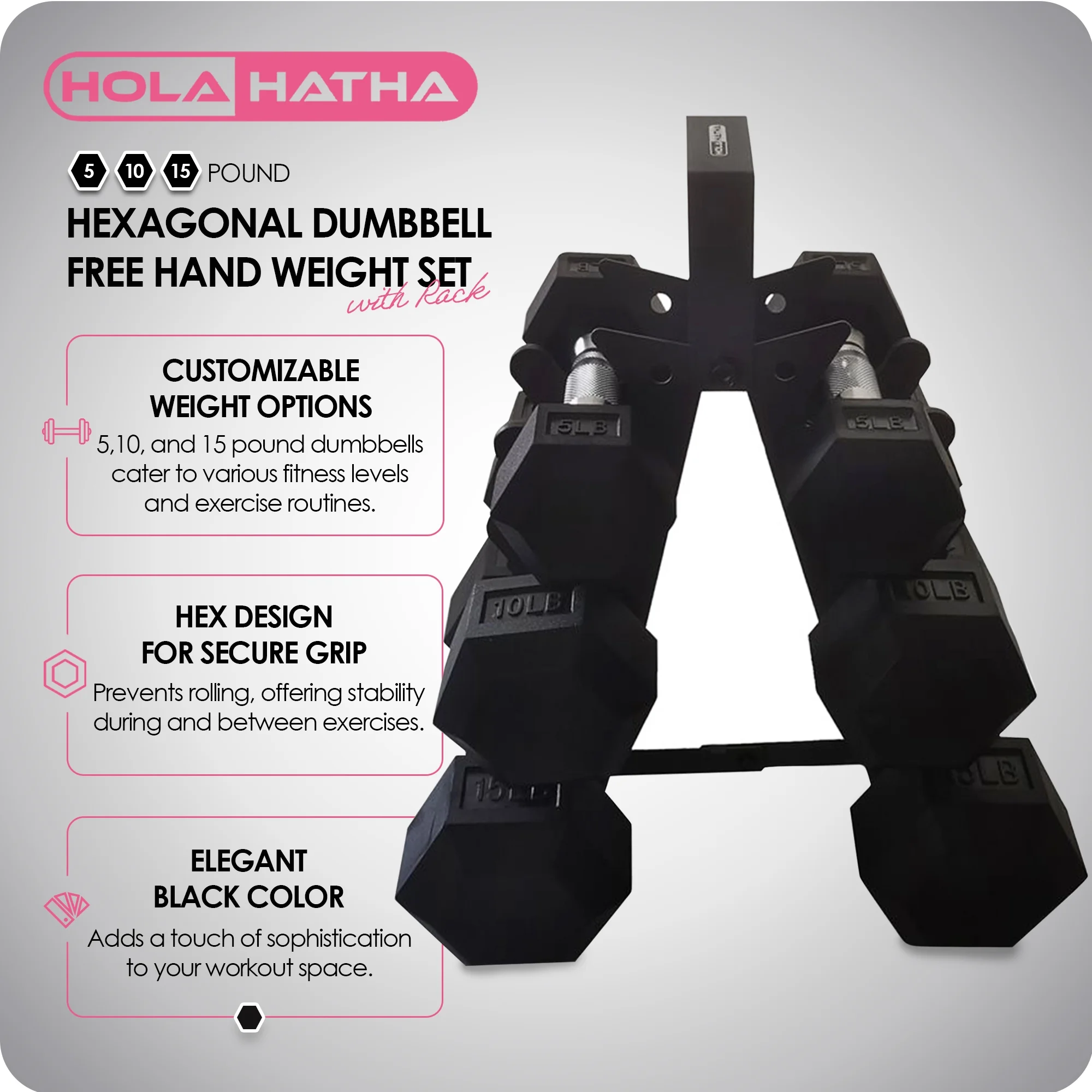 HolaHatha Hexagonal Dumbbell Free Hand Weight Set, 5, 10, & 15 Lbs, Black