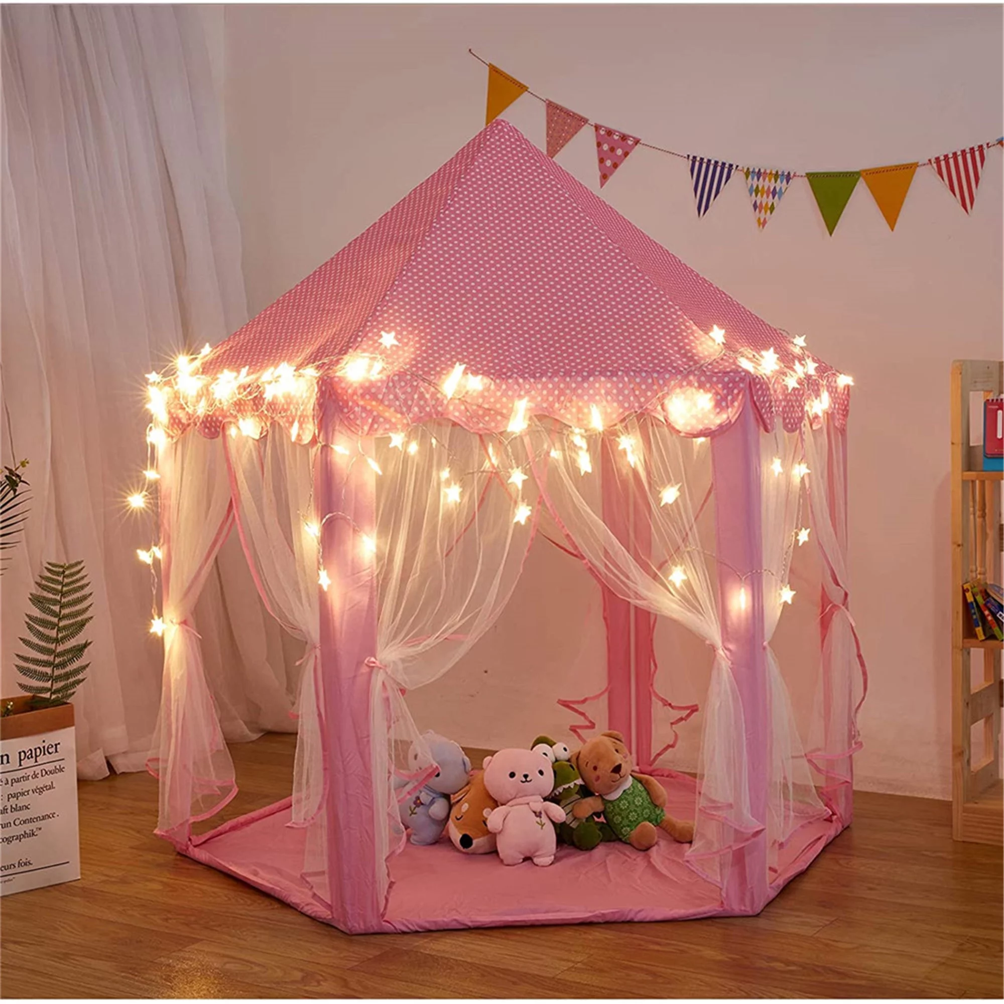 Princess Castle Tent for Girls with Star Lights, Play Tents for Kids Indoor Hexagon Playhouse with Large Space, Toys for Children Toddlers Outdoor Games