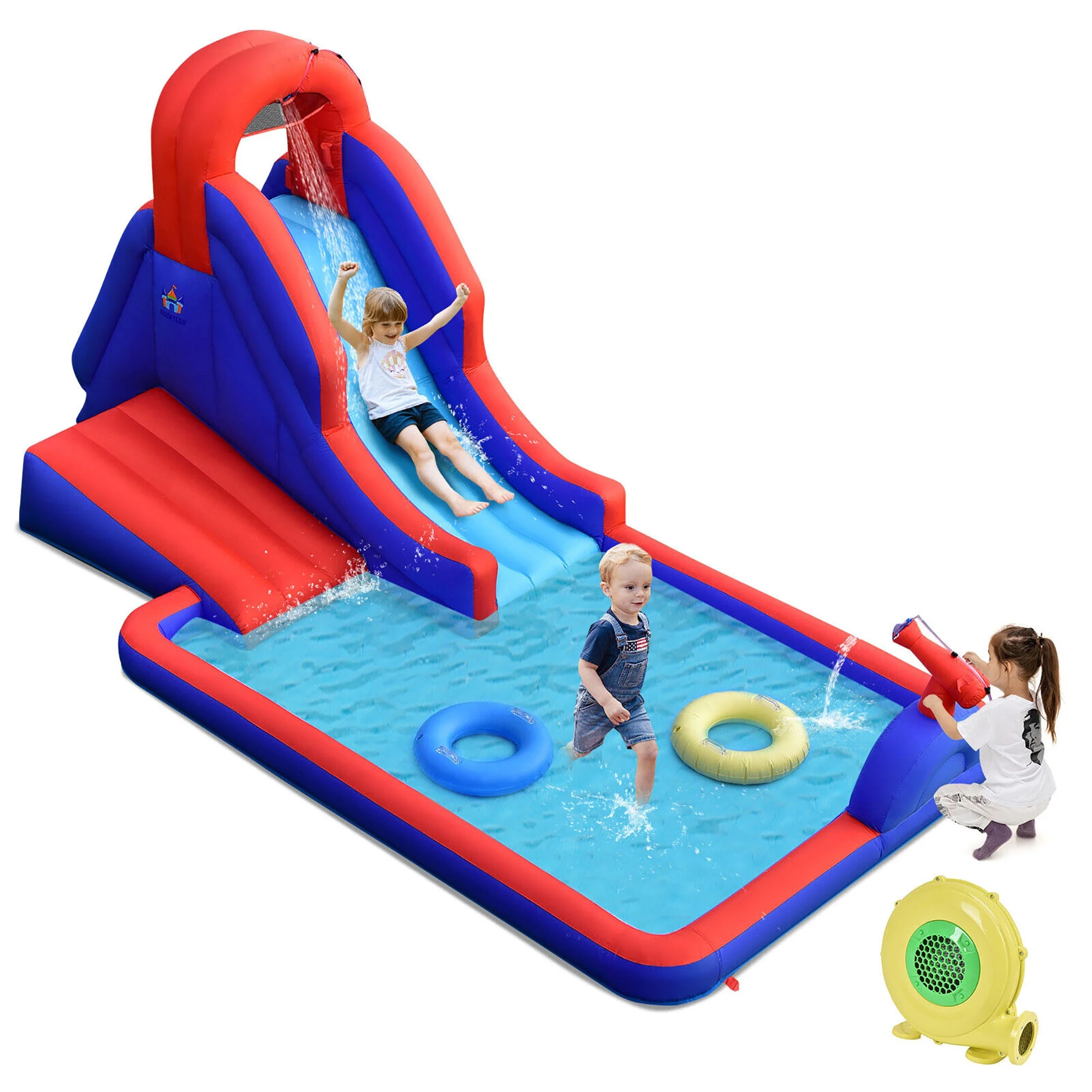 Gymax Inflatable Waterslide w/ Climbing Wall Slide Splash Pool Swim Rings&480W Blower