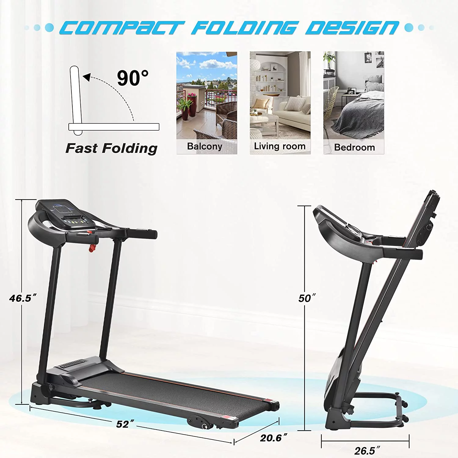 Folding Treadmills for Home with Bluetooth and Incline, 2.5HP Portable Running Machine Electric Compact Treadmills Foldable for Exercise Home Gym Fitness Walking Jogging