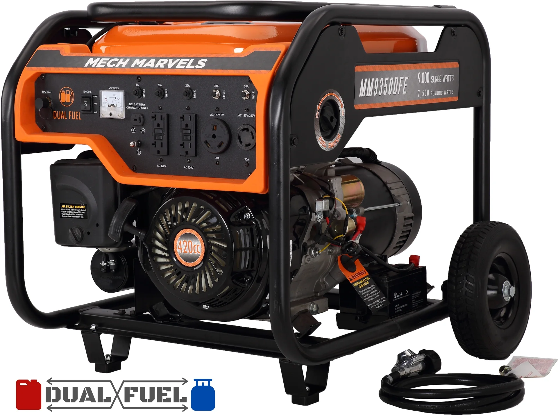 Mech Marvels 9000 Watt Dual Fuel Portable Power Generator, Electric Start, CARB Compliant, MM9350DFE