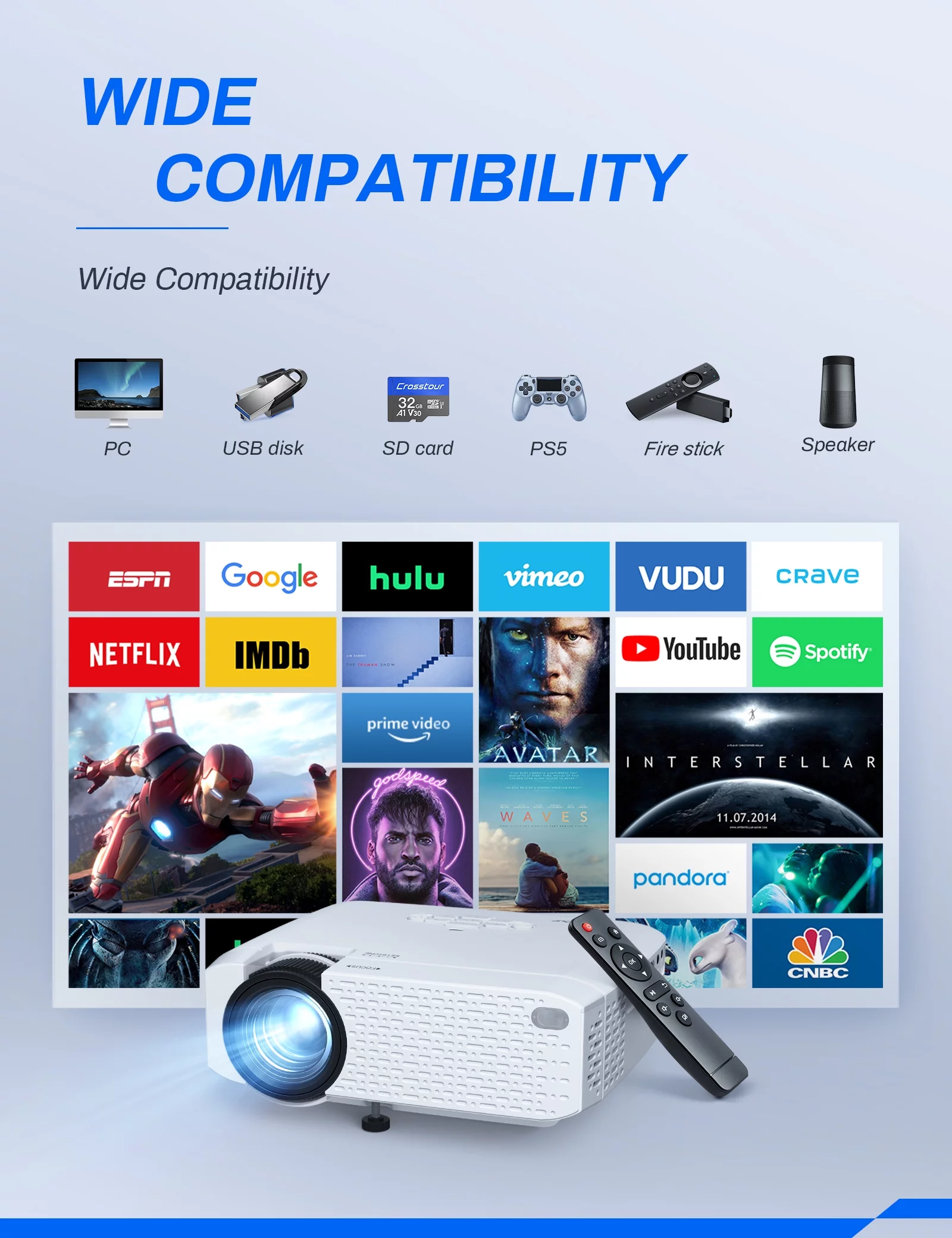 Crosstour WiFi Mini Portable Projector, HD 720P Supported Portable Video Outdoor Movie Projector with 200” Large Screen