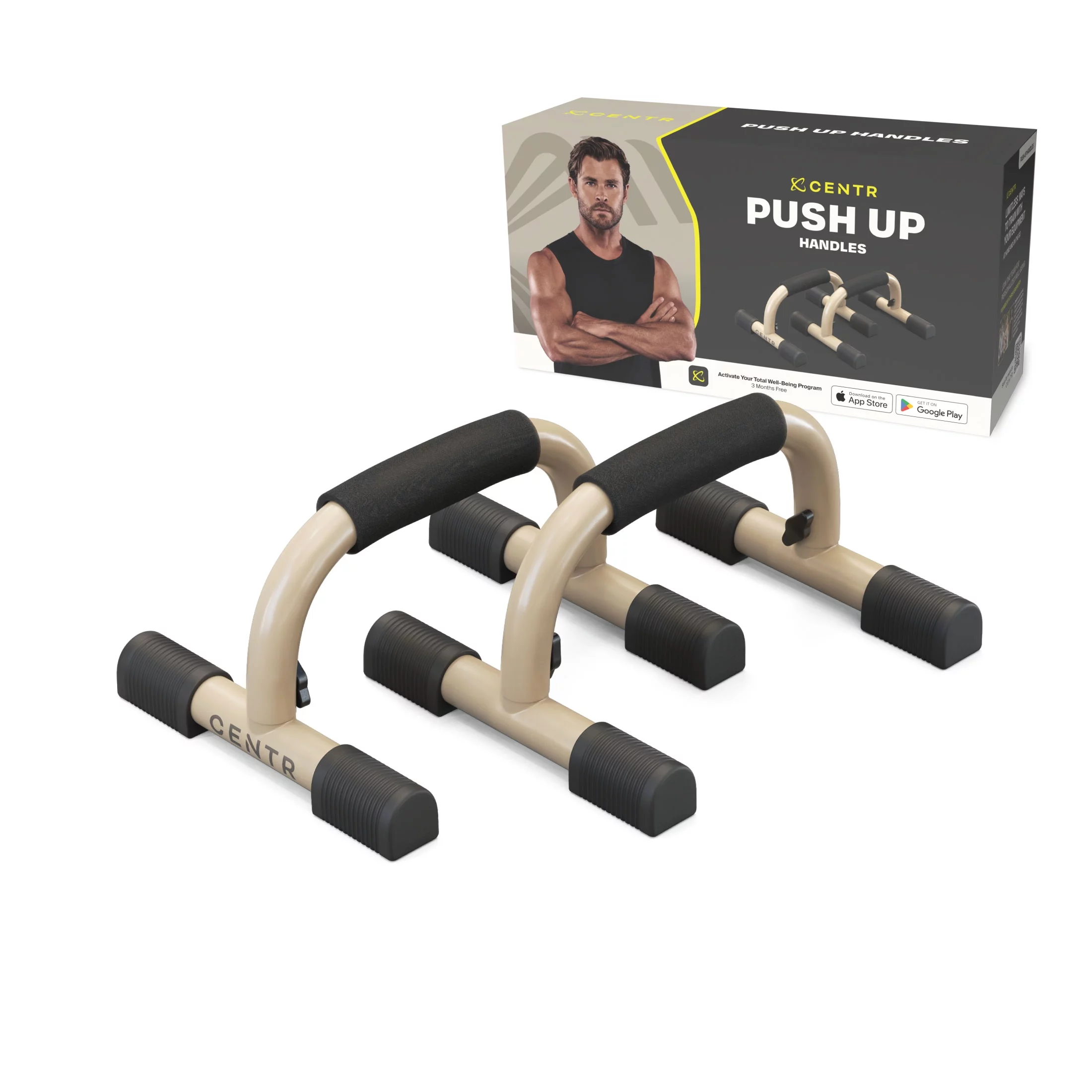 Centr by Chris Hemsworth Push up Bars, Slip-Resistant Grips, Sand Brown, 2-Pack + 3-Month Membership