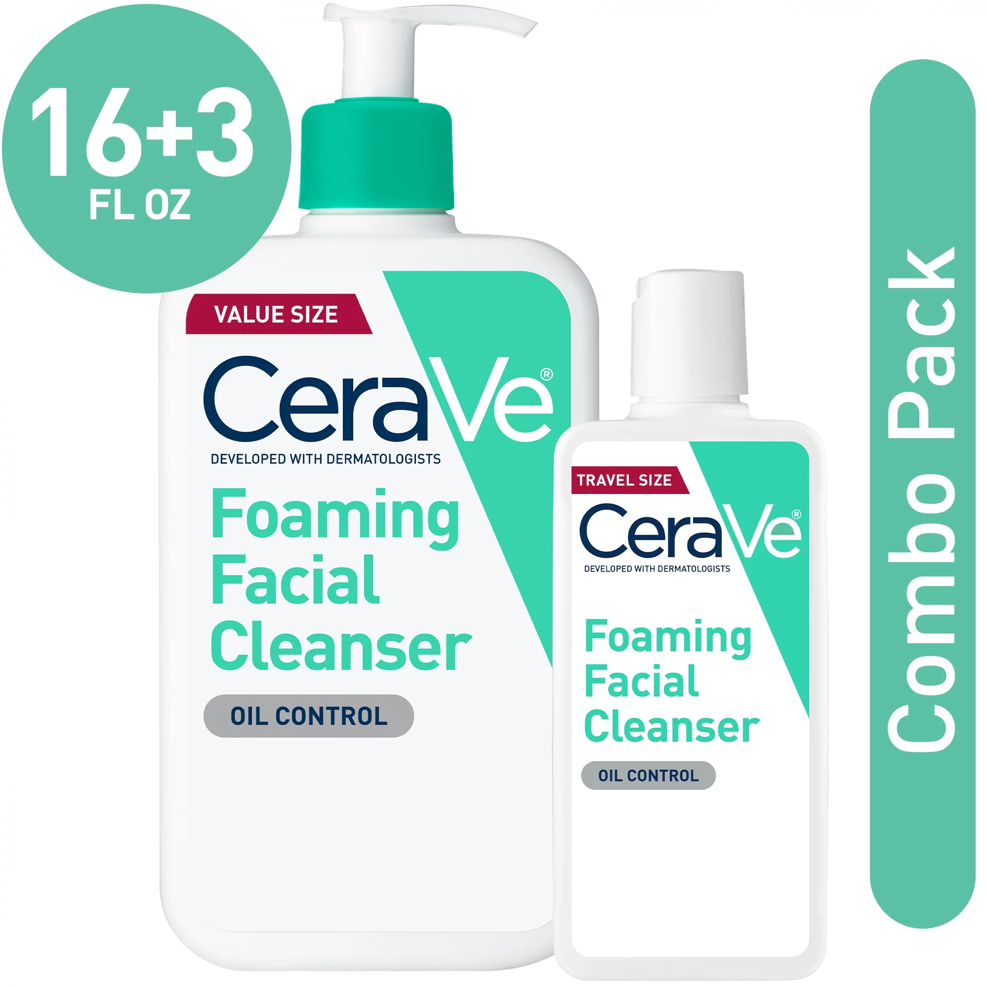 CeraVe Foaming Facial Cleanser, Daily Face Wash for Normal to Oily Skin, 3 fl oz & 16 fl oz