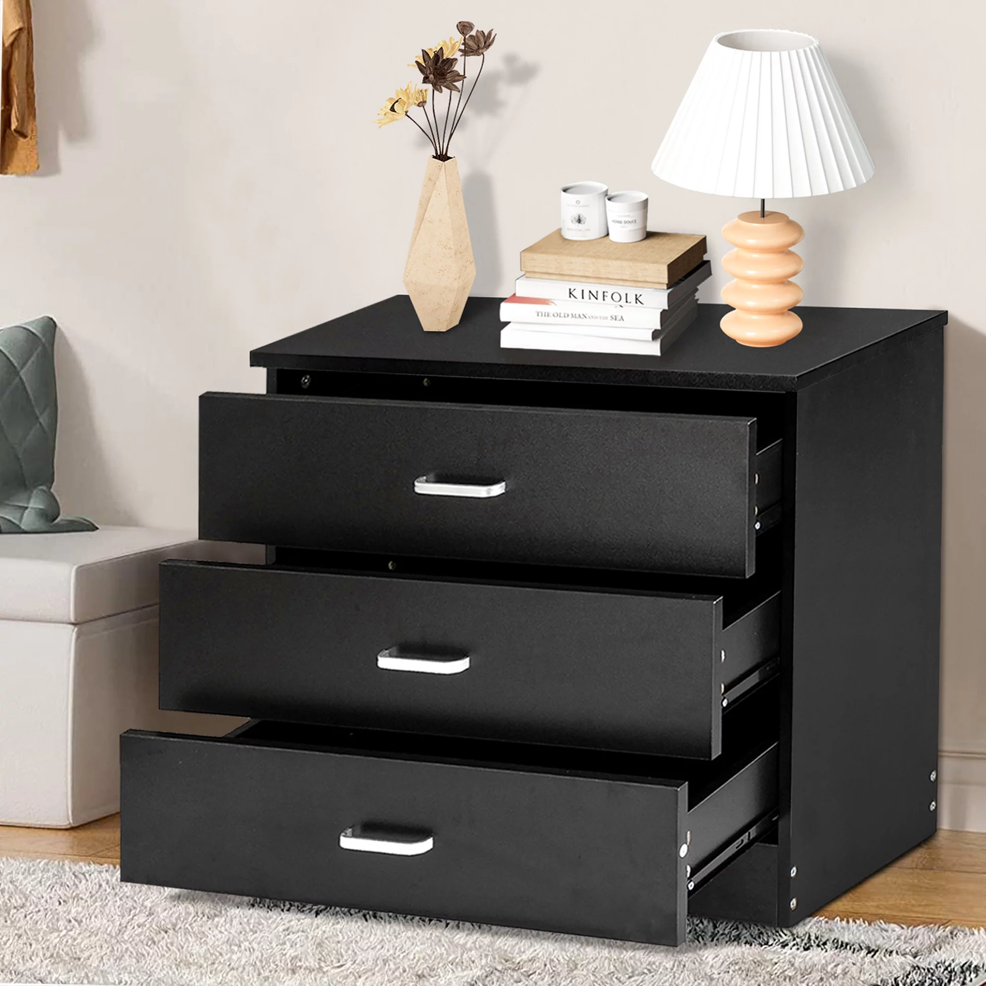 SYNGAR Modern Black 4 Drawer Dresser, Chest of Drawers for Bedroom, Storage Cabinet Dresser Organizer Unit with Handle for Living Room, Closet, Hallway, Nursery