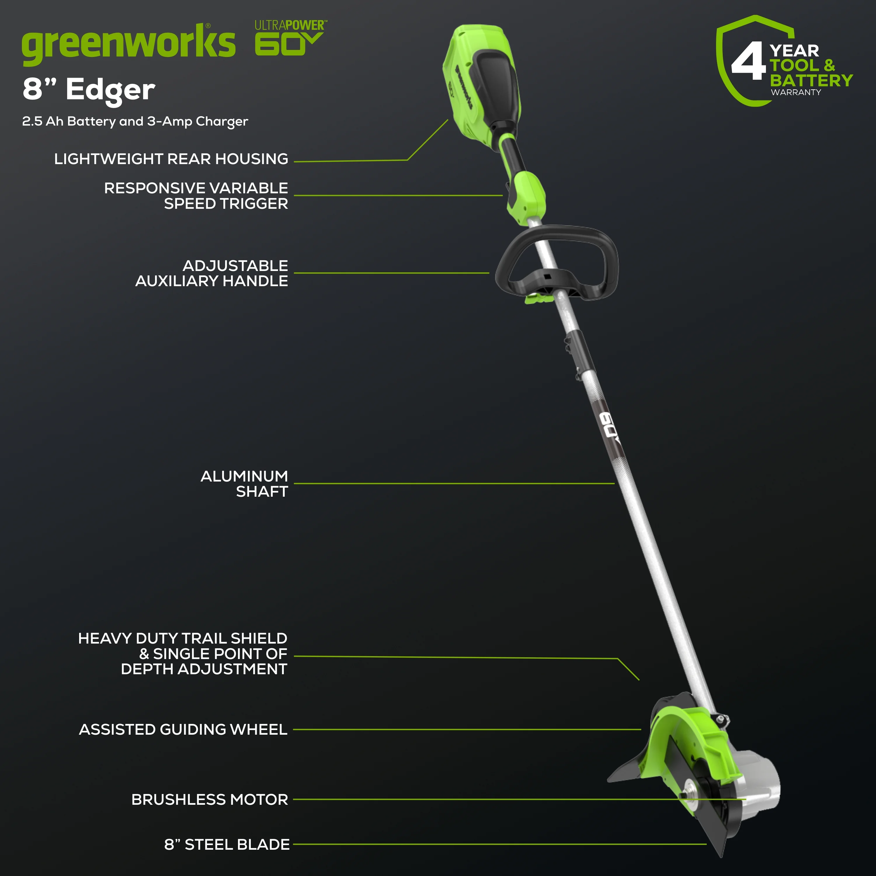 Greenworks 60V 8″ Edger with 2.5 Ah Battery & Charger 2703302