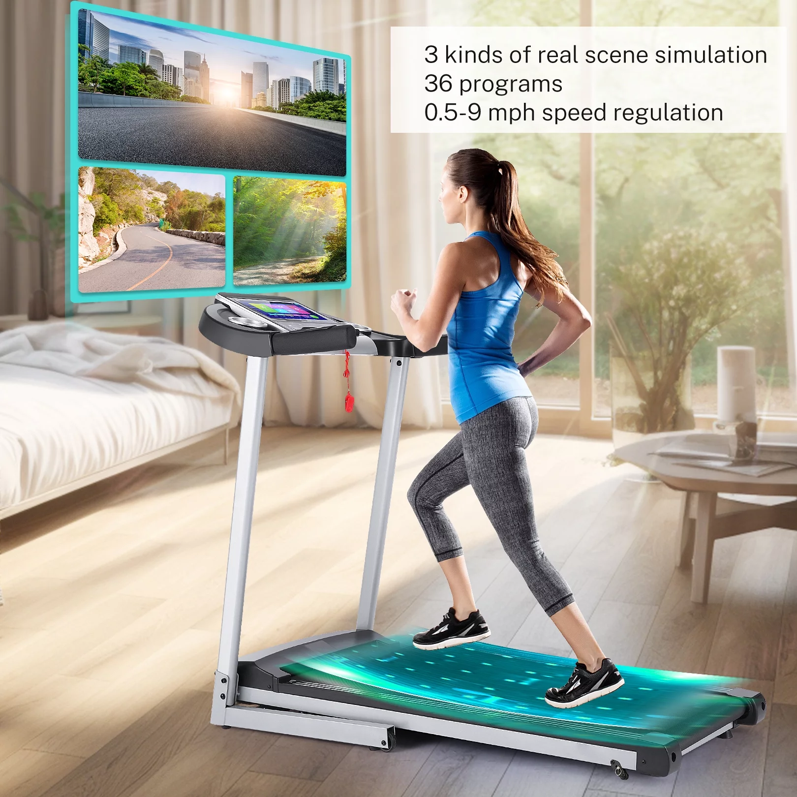 Tikmboex Incline Treadmill with 3D Virtual Sports Scene and 10″ Touchscreen, Exercise Machine for Home Office Gym