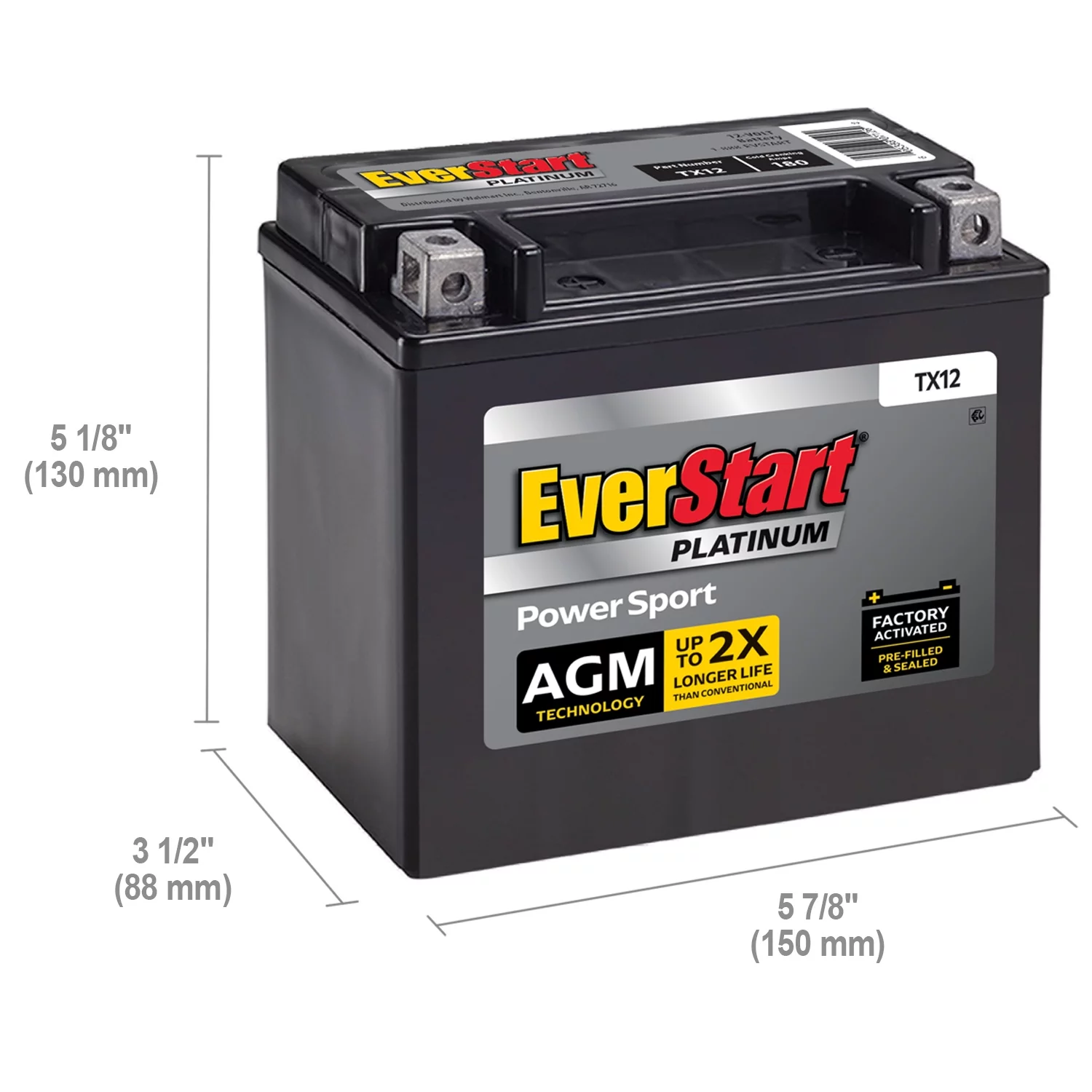 EverStart Premium AGM PowerSport Battery, Group Size TX12 12 Volt, 180 CCA