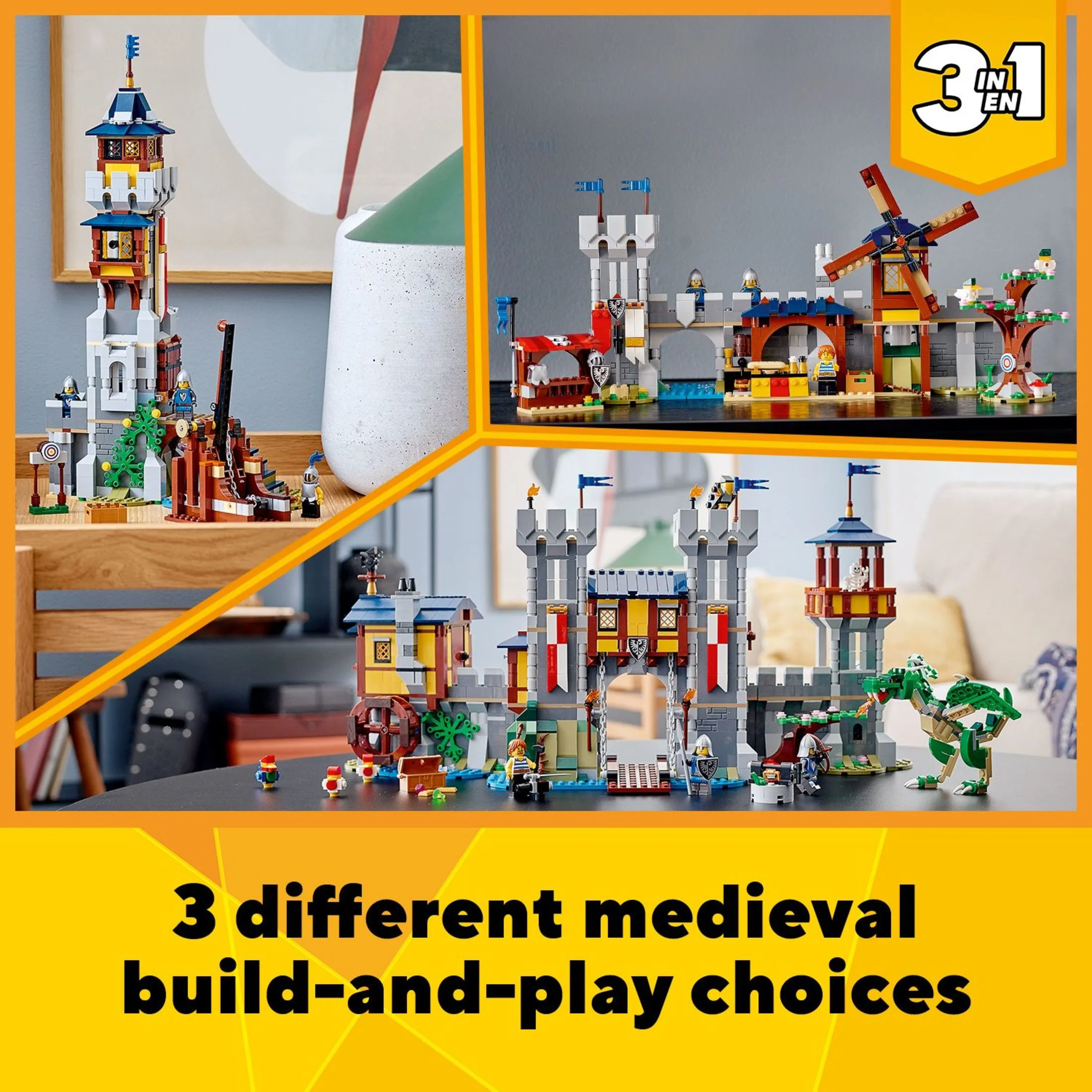 LEGO Creator 3 in 1 Medieval Castle Toy, Transforms from Castle to Tower to Marketplace, Includes Skeleton and Dragon Figure, with 3 Minifigures and Catapult, 31120