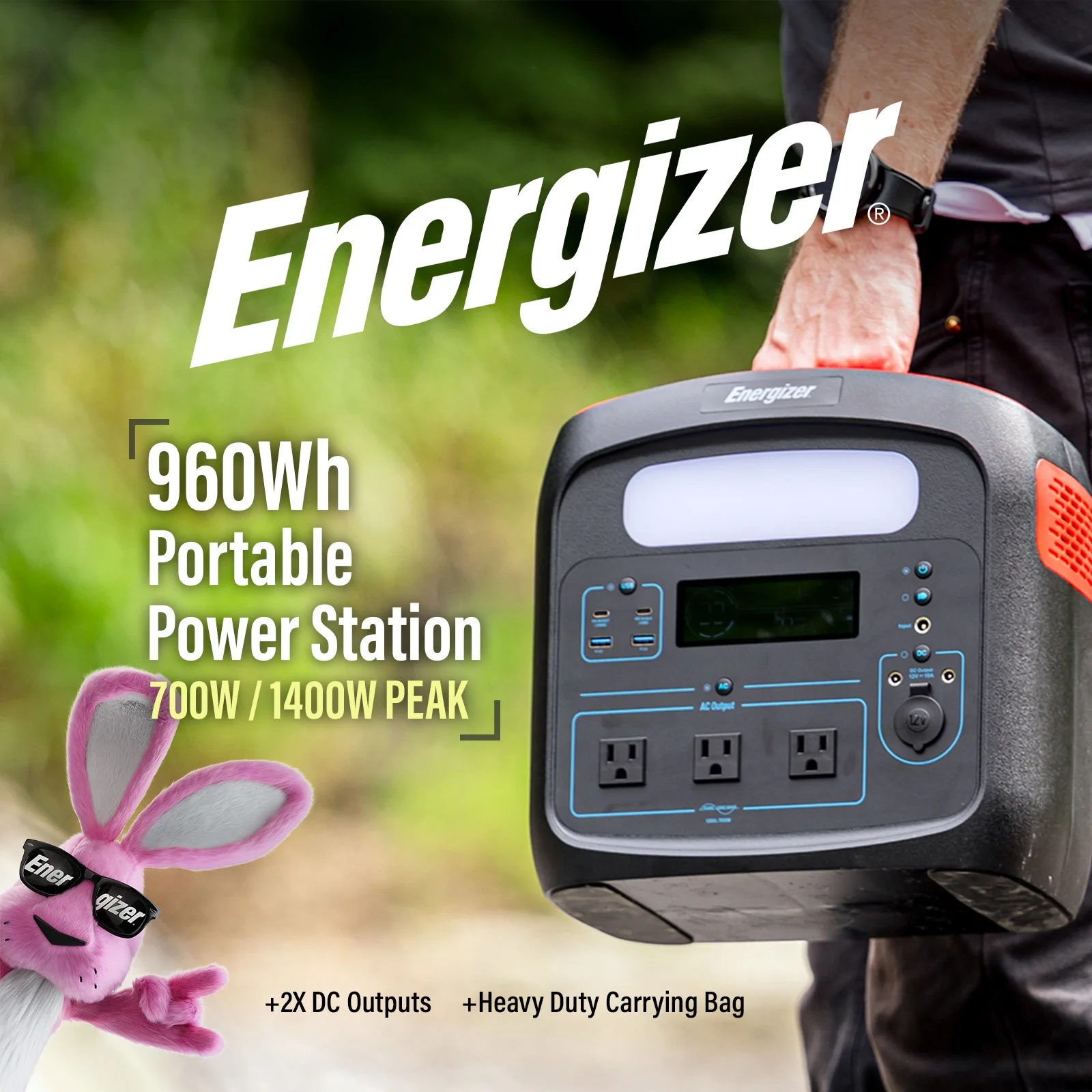 Energizer 960Wh 300000 mAh Portable Power Station w/ LiFePO4 Battery – USB A + TYPE-C + DC + LED Light + Carry Bag