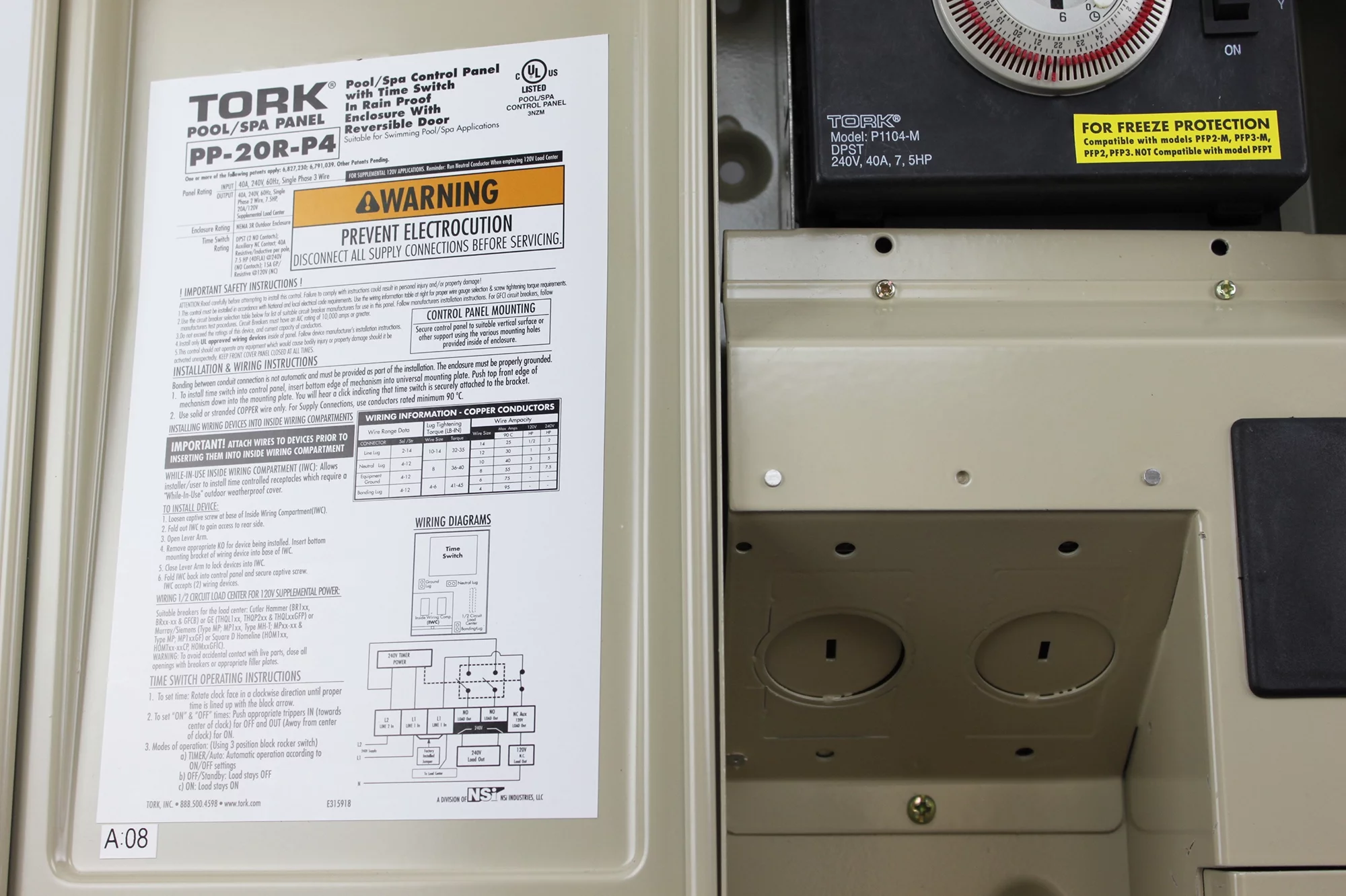 Tork NSI PP-20R-P4 Pool Spa or Lighting Control Panel With One Time Switch Installed, 40-Amp, 102/240-Vac