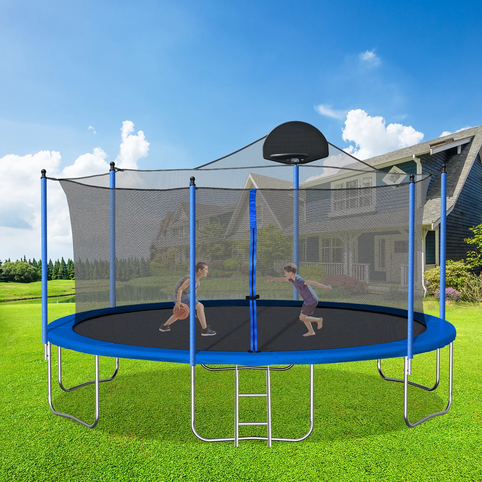 14ft Trampoline for Kids Teens Adults with Basketball Hoop and Safety Enclosure Net, Outdoor Large Recreational Trampoline with Metal Ladder, ASTM Approved & High Stability