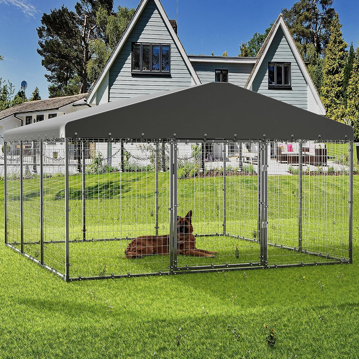 ALAULM Large Heavy Duty Outdoor Dog Kennel, Galvanized Steel Dog Kennel Fence with Roof and Double Safety Locks