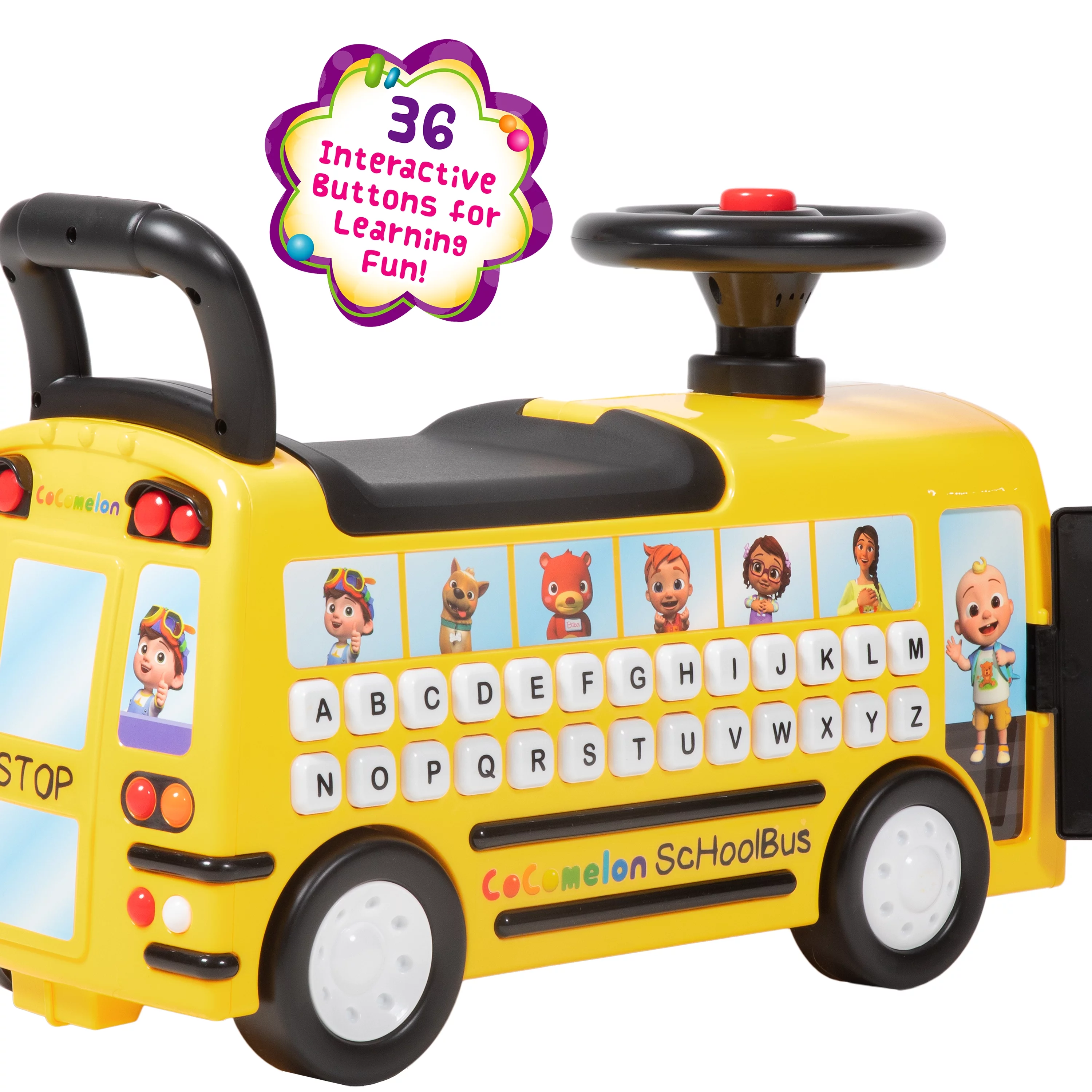 Spark. Create. Imagine. CoComelon School Bus Ride-on with Letters, Numbers, & Music