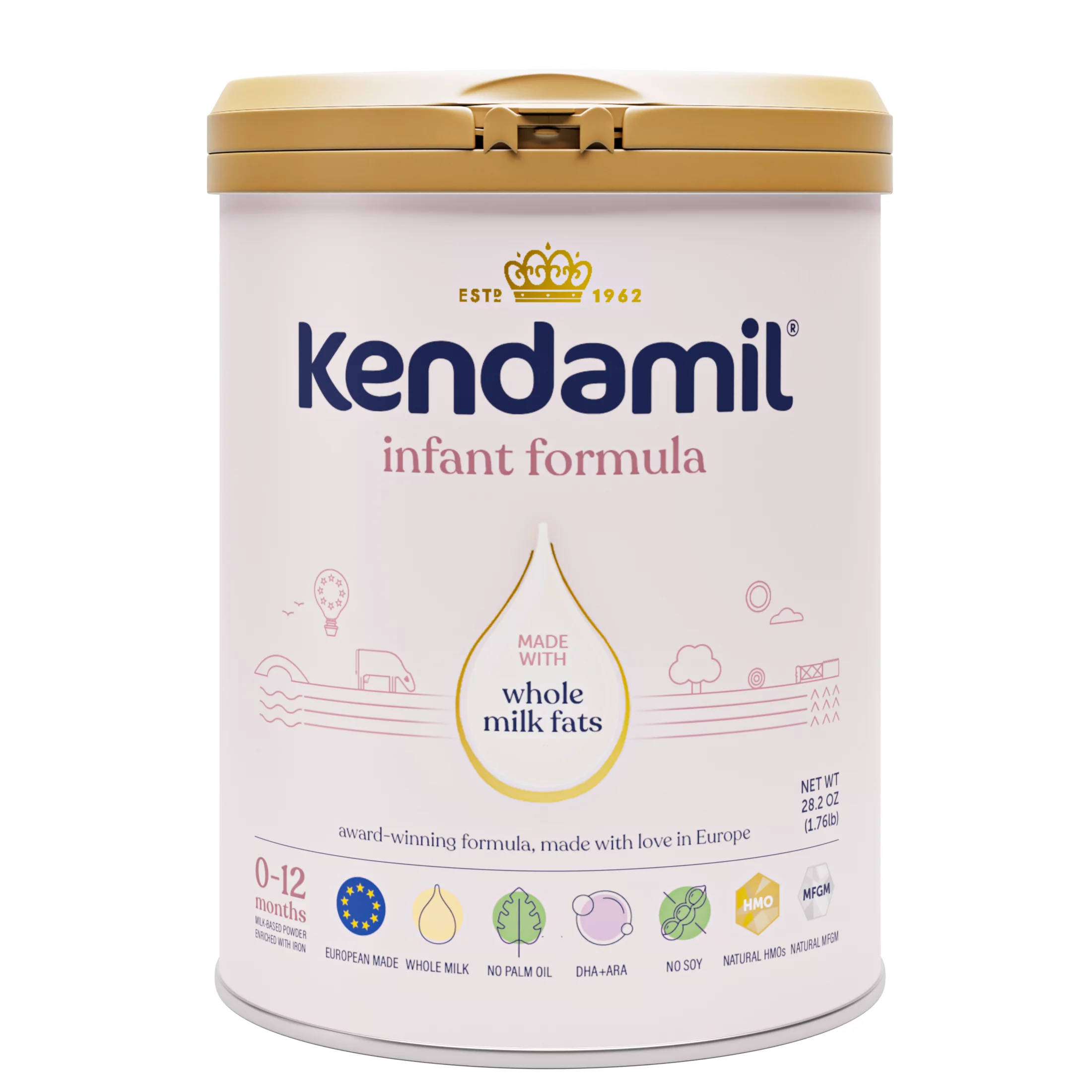 Kendamil Whole Milk Baby Formula Powder, European with HMOs, Prebiotics, No Palm Oil or Soy, with DHA, 28.2oz