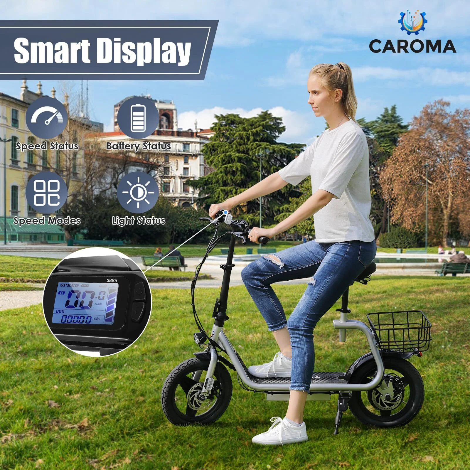 Caroma 500W Electric Scooter with Seat for Adult, 14 inch Commuter Electric Scooter with Dual Shock Absorbers and Basket – Up to 25 Miles 20 MPH, Silver