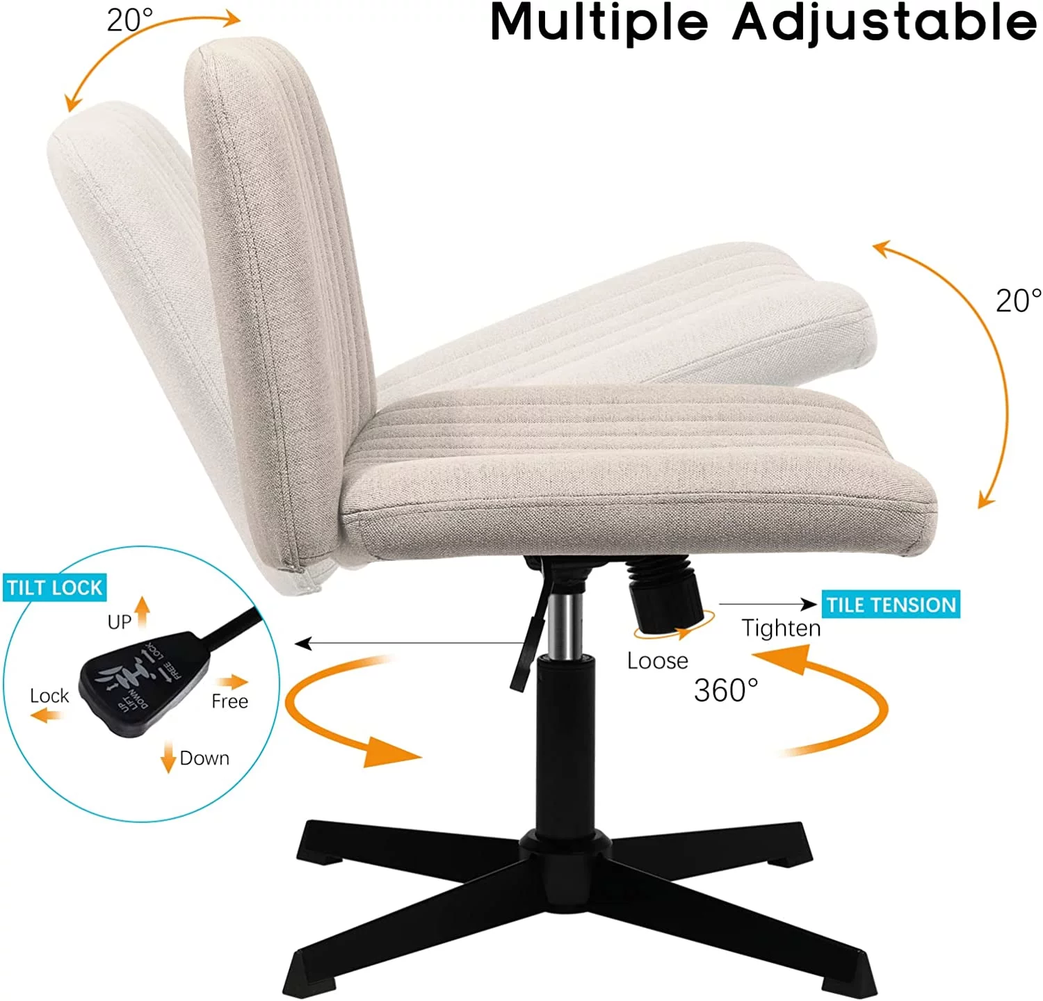 Vitesse Armless Office Desk Chair No Wheels,Fabric Padded Modern Swivel Vanity Chair,Height Adjustable Home Office Chair