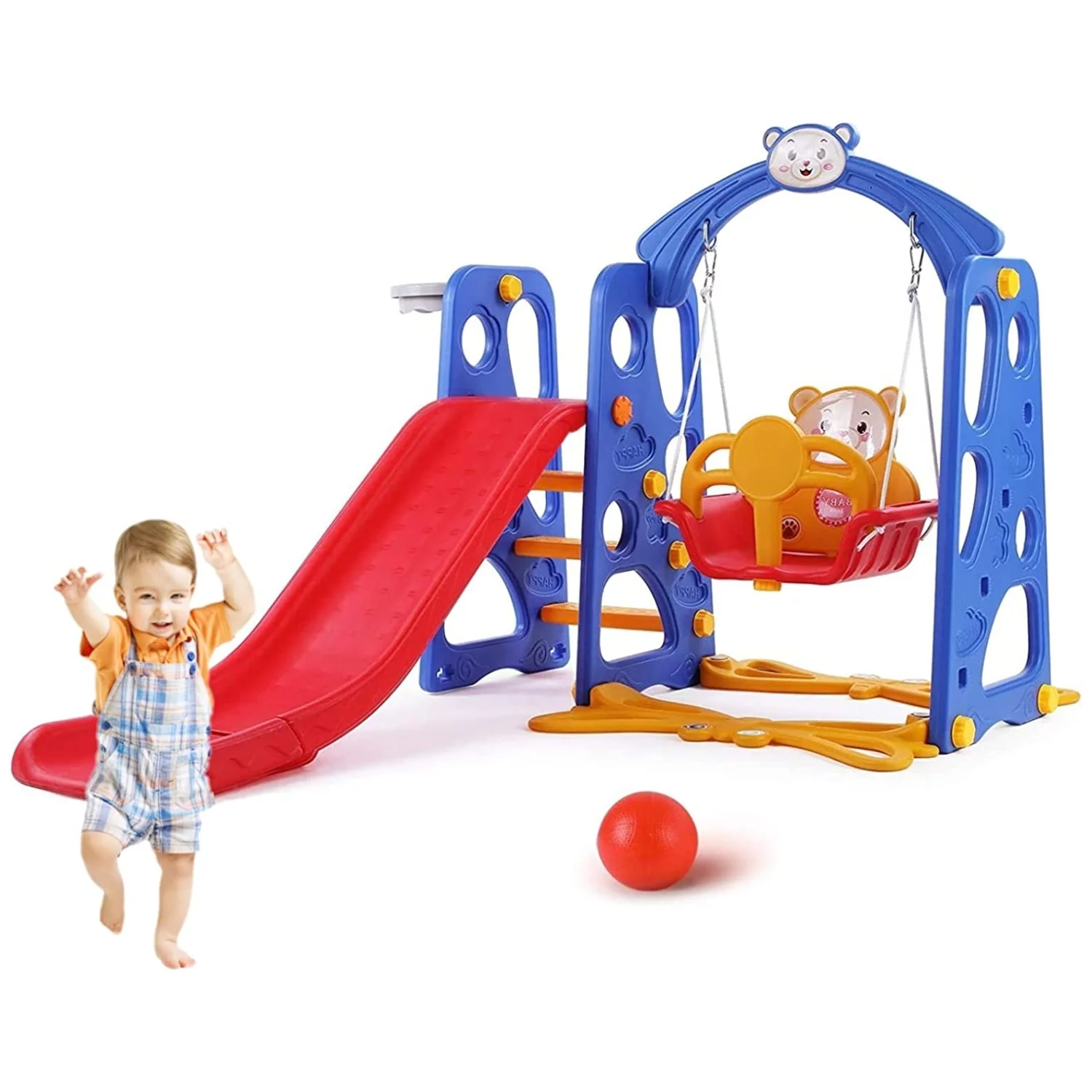 Increkid Kids Slide and Swing Set, Toddler Climber Baby Slide Playset W/ Basketball Hoop