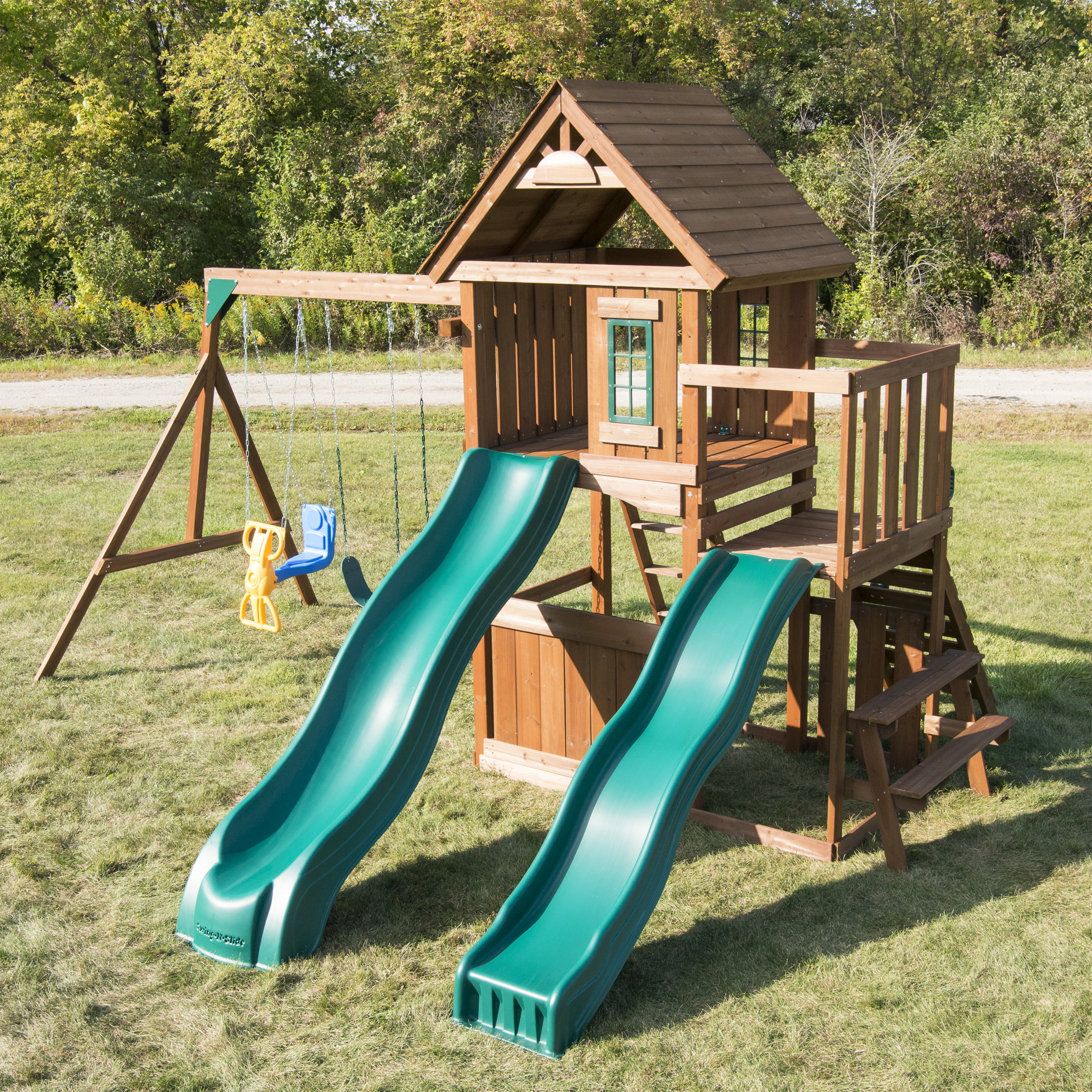 Swing-N-Slide Knightsbridge Deluxe Wood Backyard Swing Set with Two Slides, Wood Roof, Climbing Rock Wall, and Swings