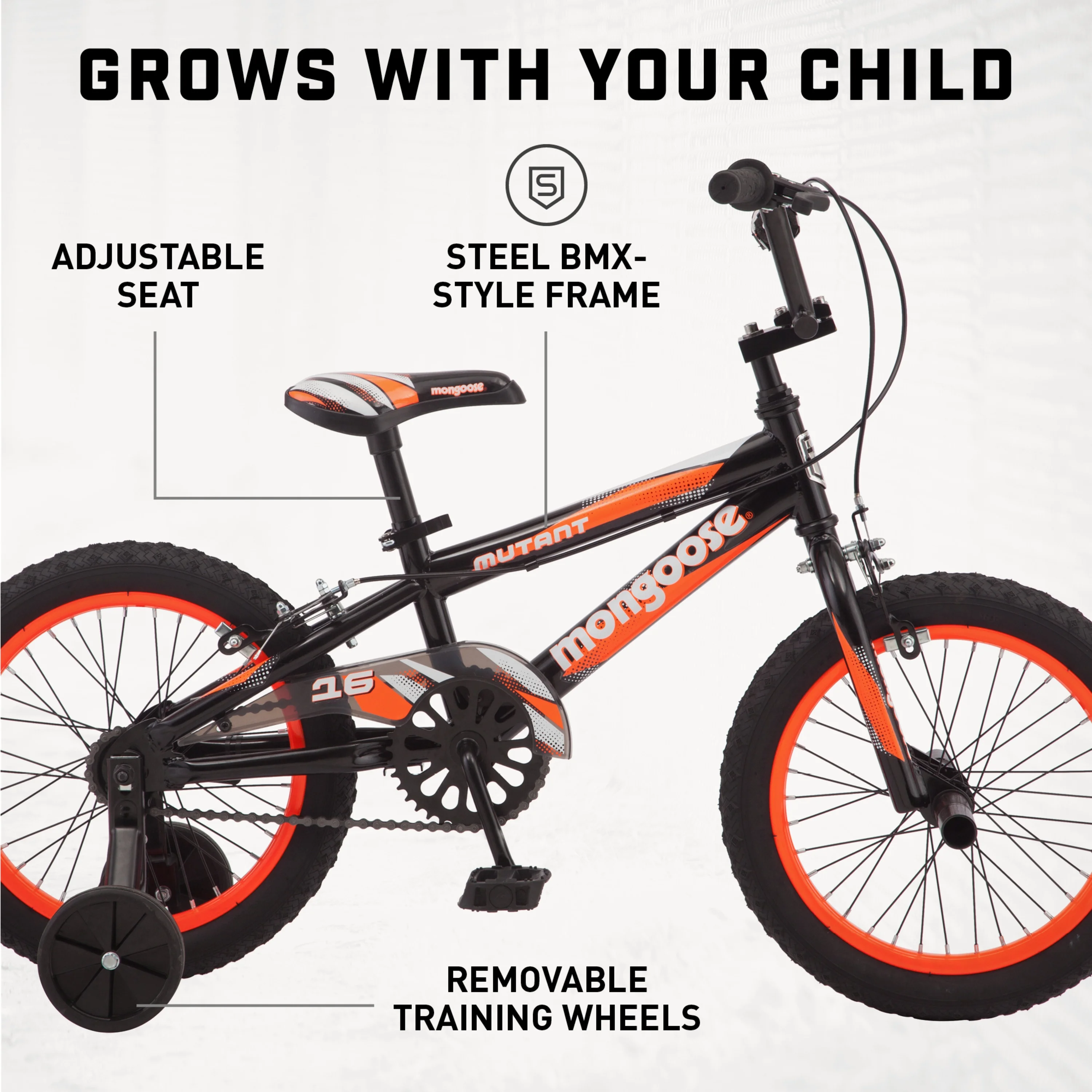 Mongoose Mutant 16 inch Kid’s BMX Bike, Boys/Girls, Ages 3-5, Black & Orange