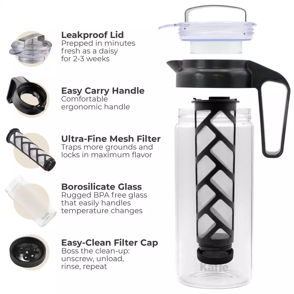 Kaffe Cold Brew Coffee Maker, 1.3L cold brew pitcher, Cold brew coffee and Tea Brewer, Easy to clean Mesh filter, iced coffee accessory, Tritan Glass cold coffee maker