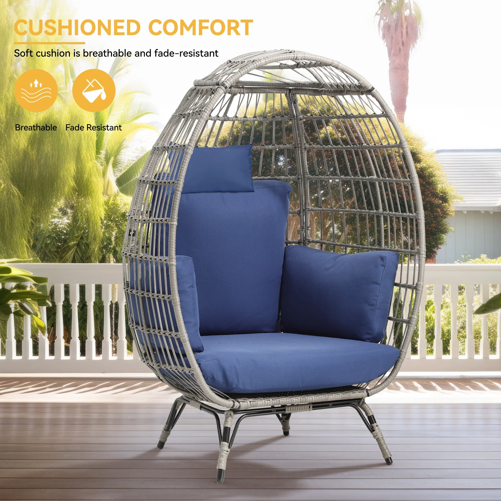 Dextrus Egg Chair Outdoor Egg Lounge Chair with Cushion Wicker Chair PE Rattan Chair for Patio, Garden, Backyard, Porch-Beige