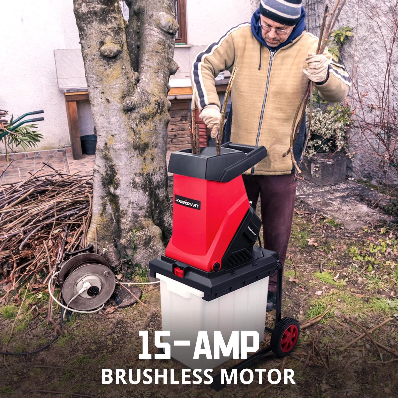 PowerSmart PS12A 15-Amp Wood Chipper Electric, Shredder, and Mulcher,Outdoor