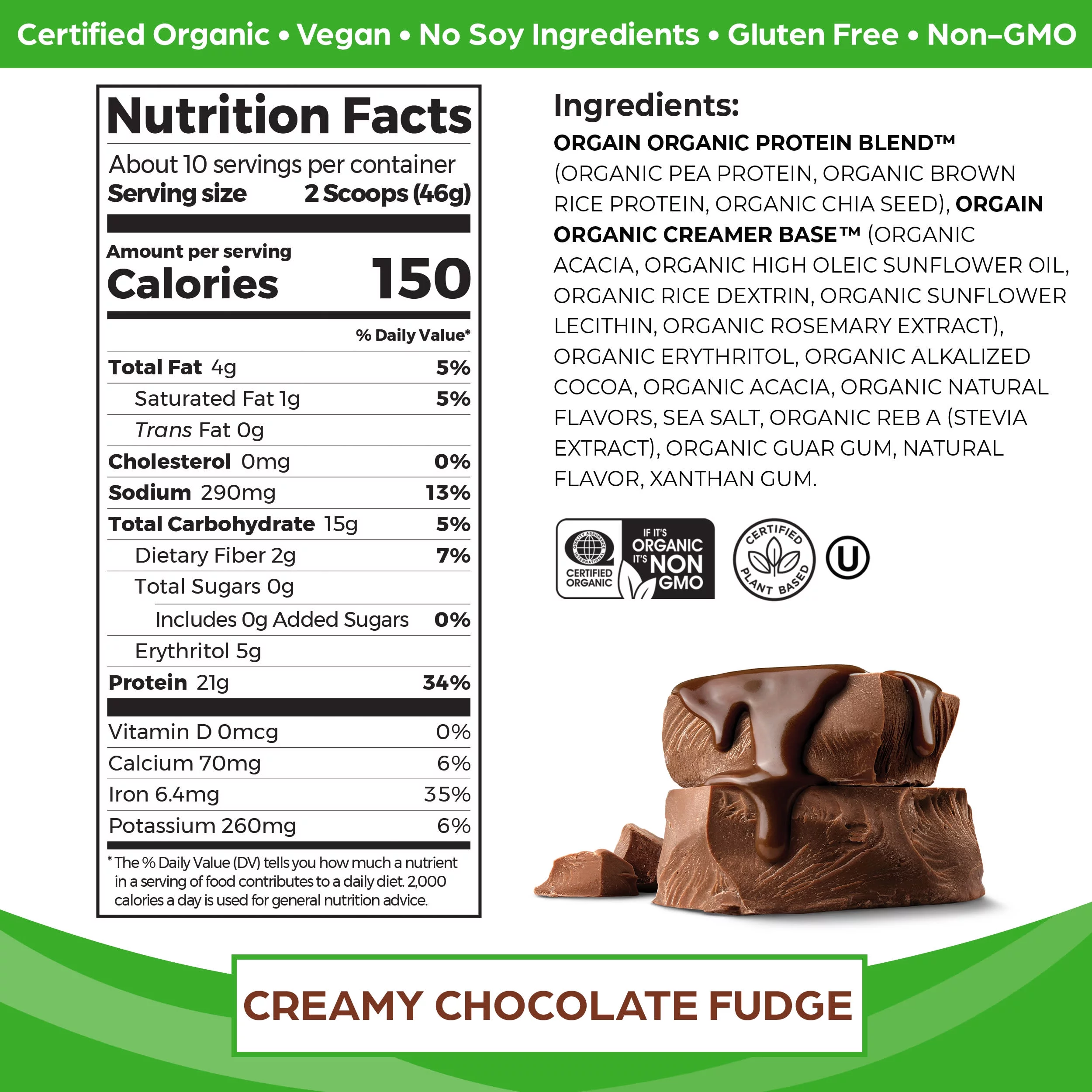 Orgain Organic Vegan 21g Protein Powder, Plant Based, Creamy Chocolate Fudge 1.02lb