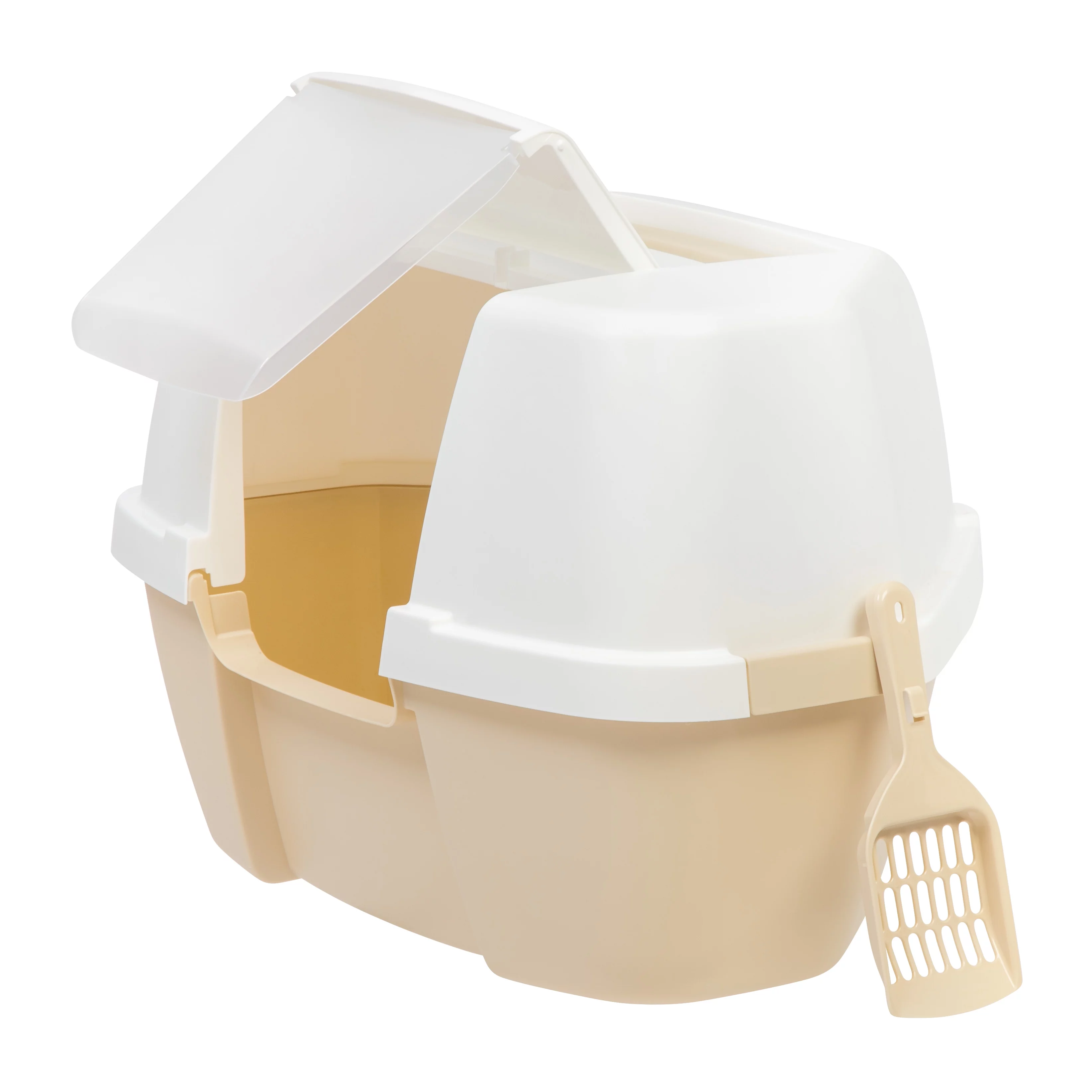 IRIS USA Large Corner Cat Litter Box with Flap-Entry Hood and Litter Scoop, Tan/White