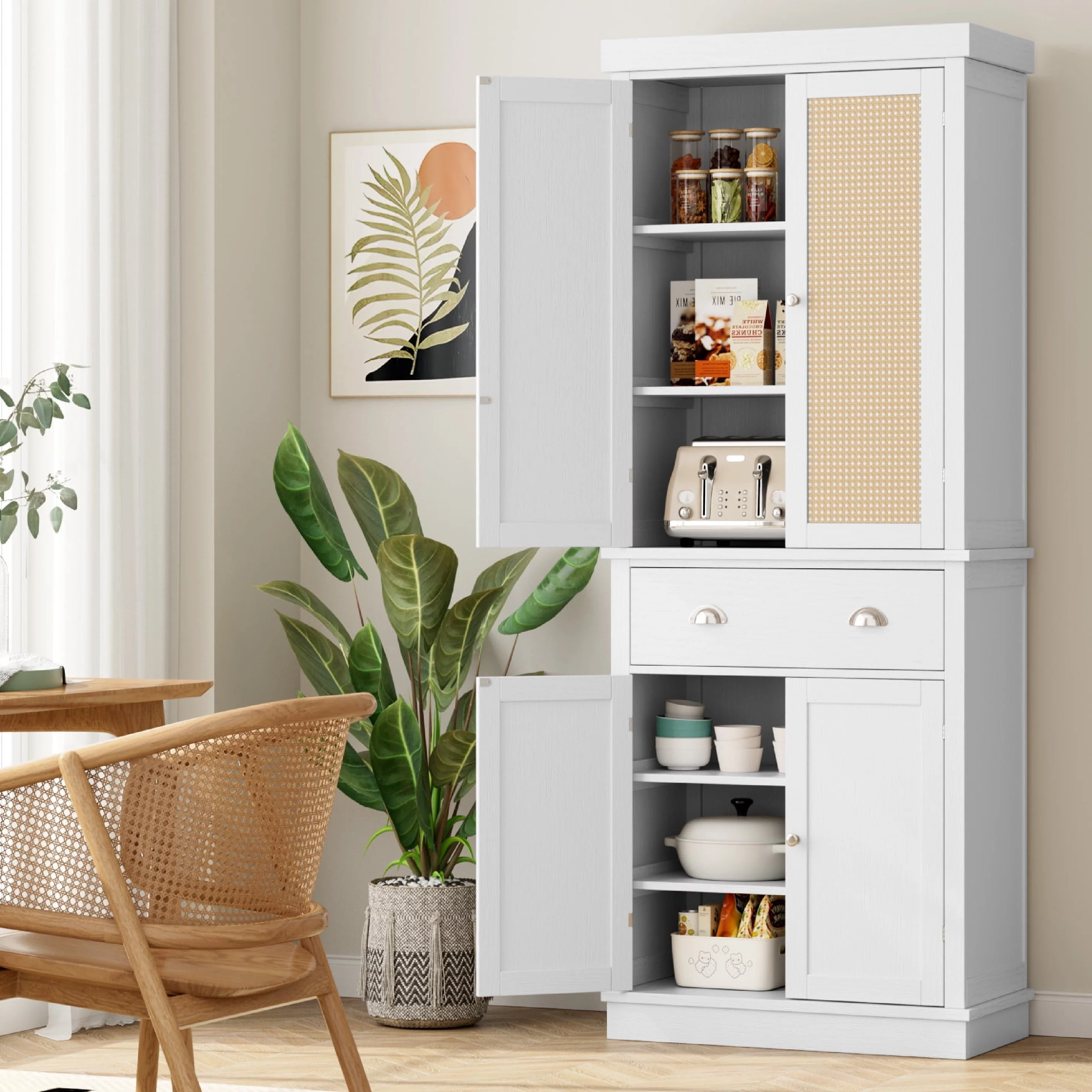 Homfa 72.4” Tall Kitchen Pantry with 4 Doors, Large Drawer Shelves Wood Storage Cabinet for Dining Room Living Room, White