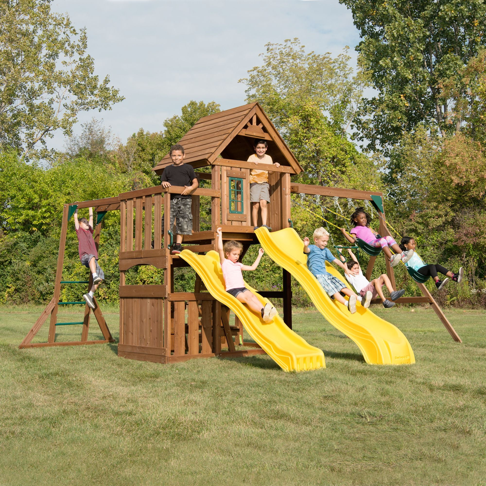 Swing-N-Slide Timberview Wooden Backyard Swing Set with Two Yellow Wave Slides, Wood Roof, Swings, and Monkey Bars