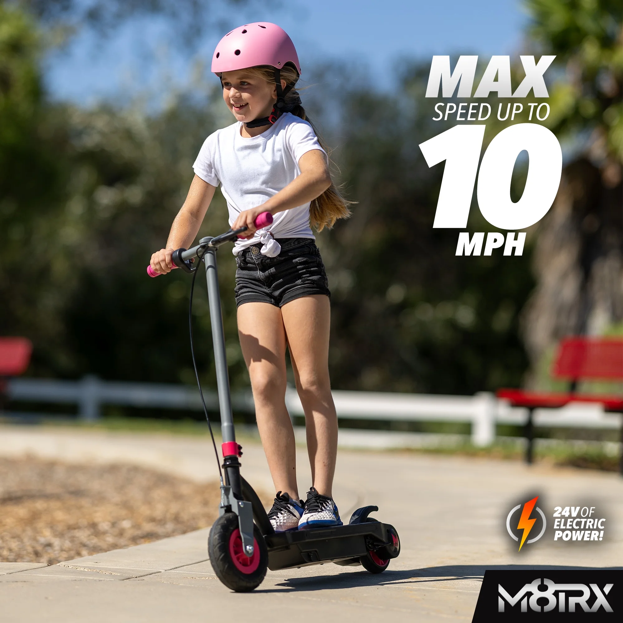 M8TRX 24 Volt Kids Electric Scooter, 8″ Air Filled Tire, Speeds up to 10mph, Kids Ages 6-12 Years of Age, Pink