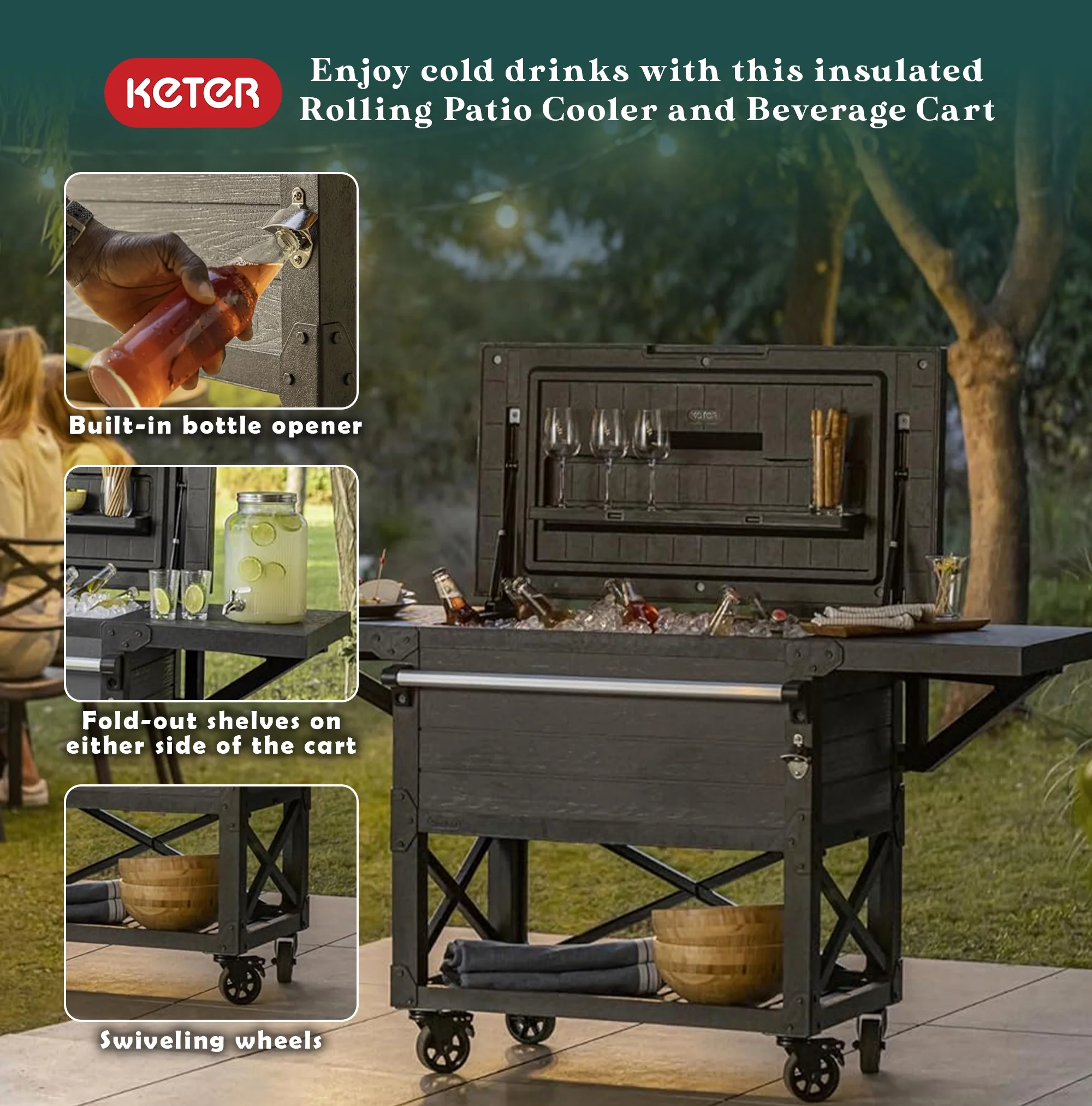 Keter Outdoor Patio Cooler Ice Chest Insulated Beverage Bar Cart, Gray