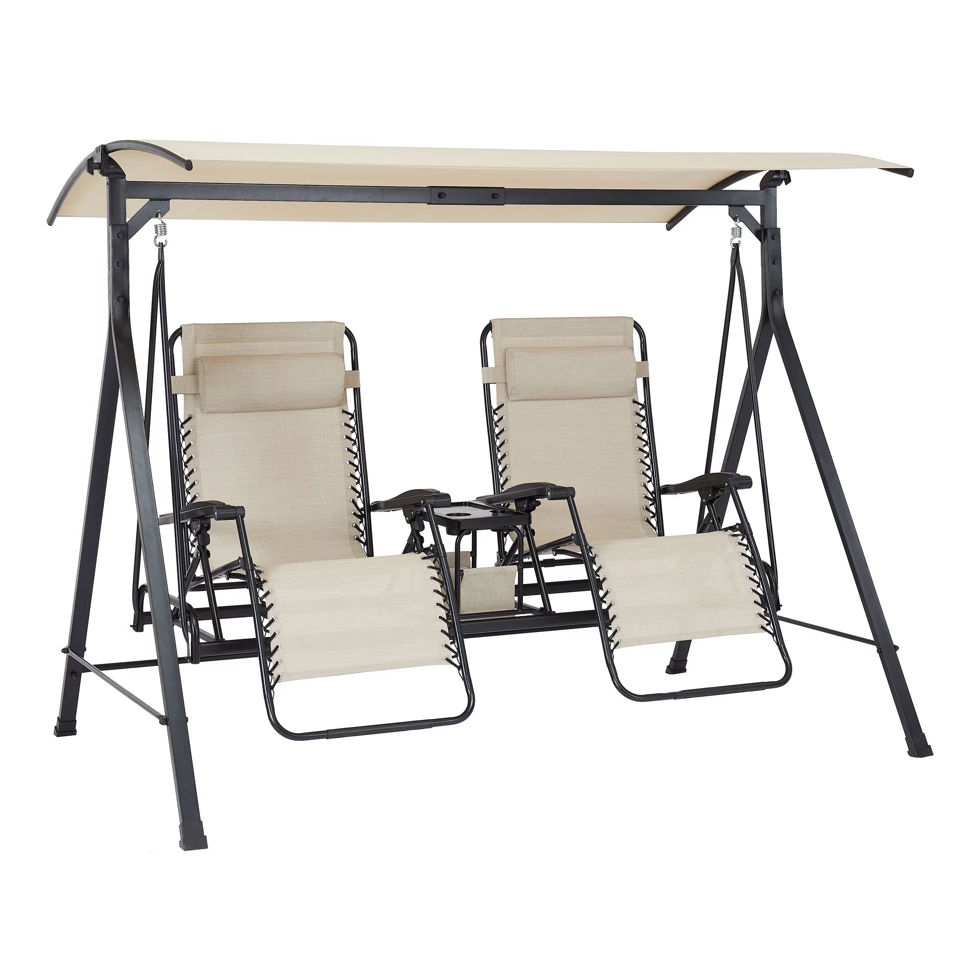 Mainstays 2-Seat Reclining Oversized Zero-Gravity Swing with Canopy and Center Storage Console, Black