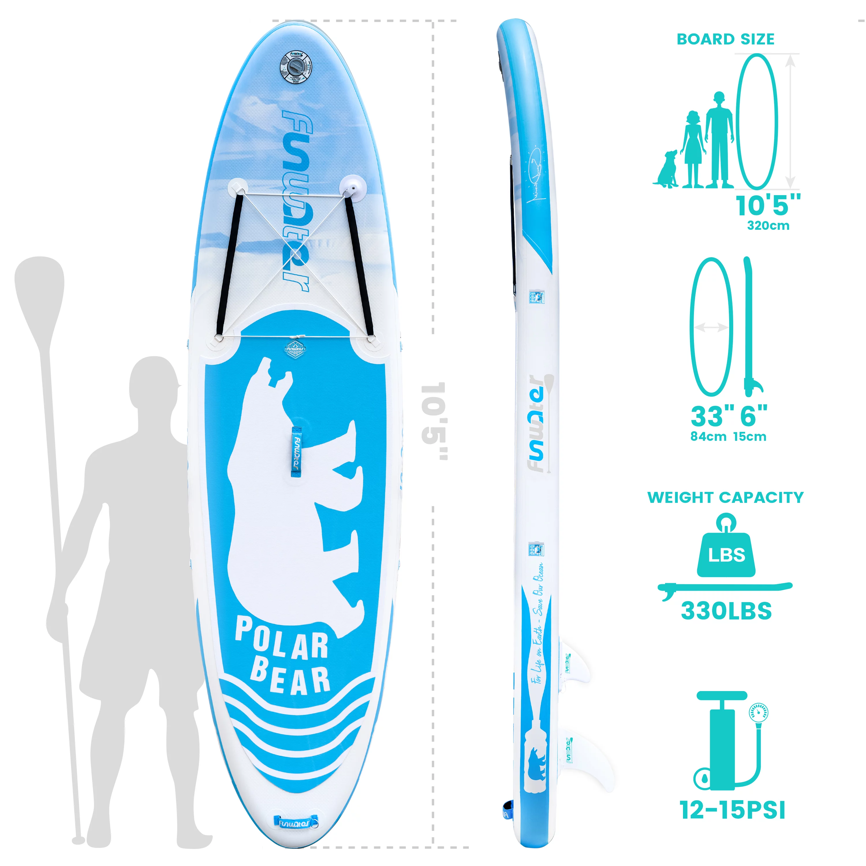 FUNWATER Inflatable Stand up Paddle Board, Sup Board 10’5”x33”x6” (LxWxH)blue, Polar Bear PatternCamera BasetSeatAluminum Paddle  ISUP BackpackAccessories