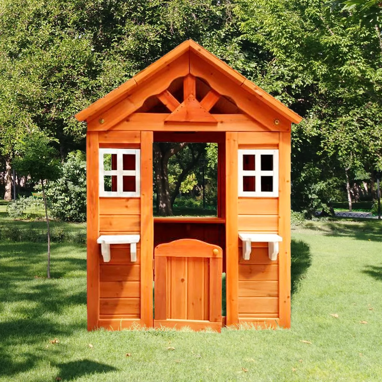 iRerts Kids Playhouse, 4-in-1 Outdoor Playhouse for Age 3-8 Years Boys Girls, Wooden Cottage Playhouse with Door, Windows, Flowerpot Holder and 4 Games, Play House for Outdoor Garden Lawn Patio Yard