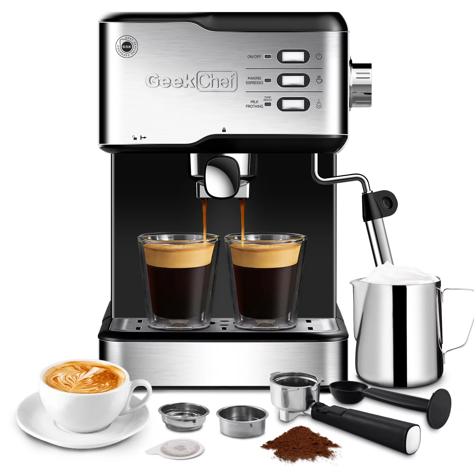 Geek Chef Espresso Machine, 20 Bar Coffee Maker with Milk Frother Steam Wand & ESE POD Capsules Filter, Latte & Cappuccino Maker for Home Barista, 1.5L Water Tank, 950W